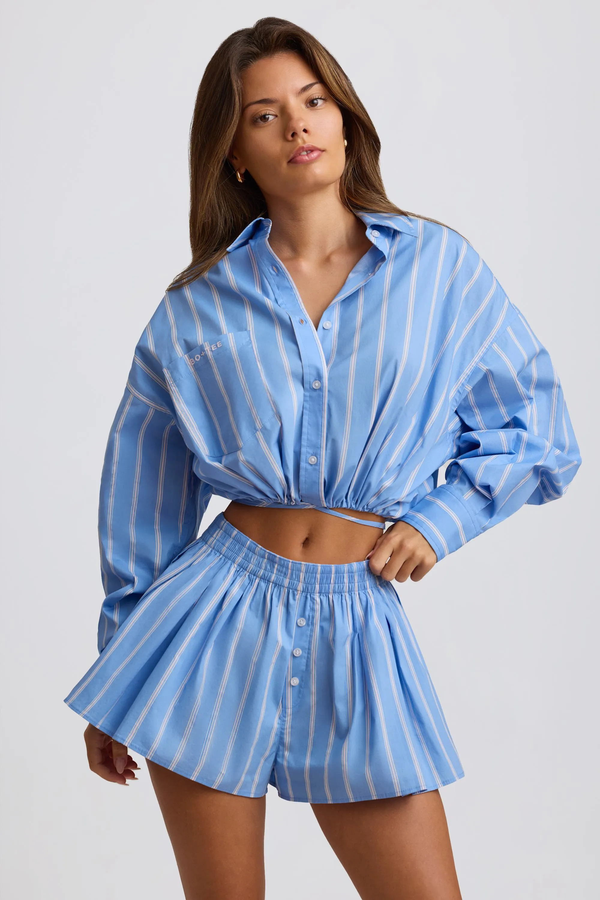 Cotton Poplin Stripe Multiway Cropped Shirt in Blue Stripe sold by Bo + Tee