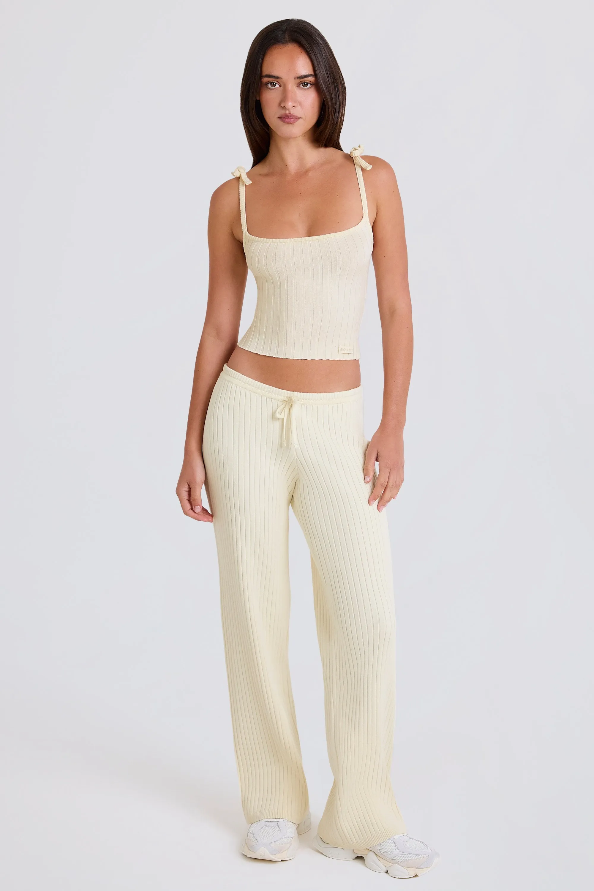 Ribbed Knit Wide-Leg Joggers in Cream sold by Bo + Tee