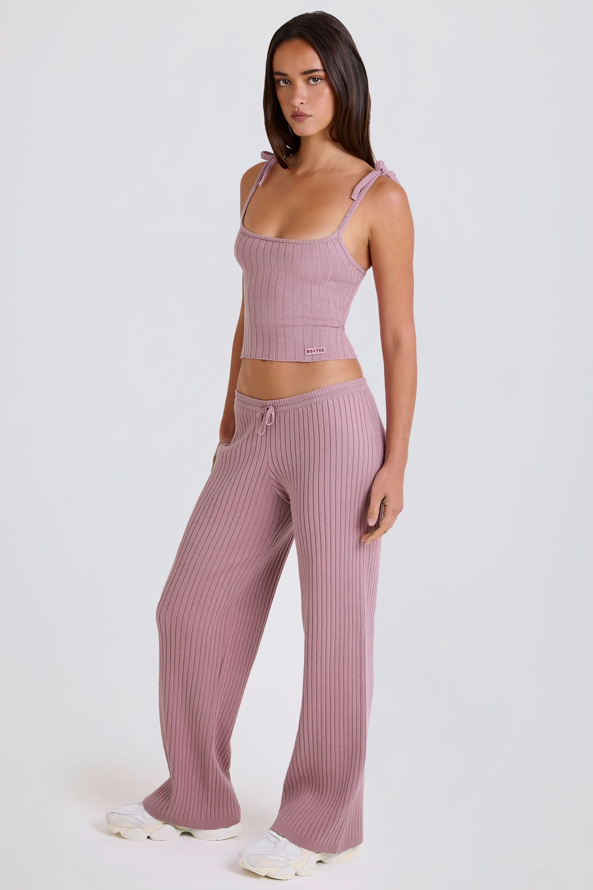 Ribbed Knit Wide-Leg Joggers in Mauve sold by Bo + Tee