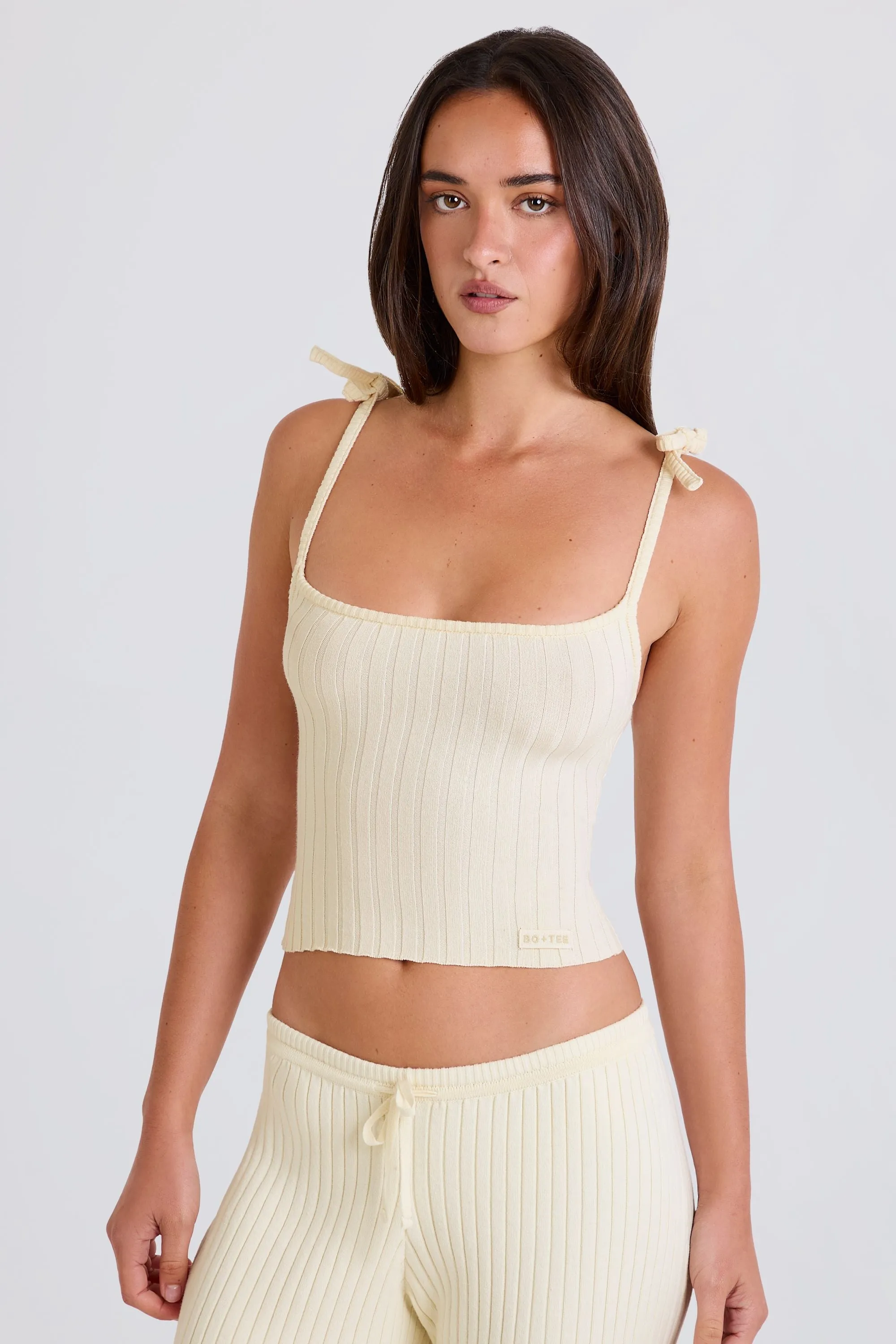 Ribbed Knit Tie Tank Top in Cream sold by Bo + Tee