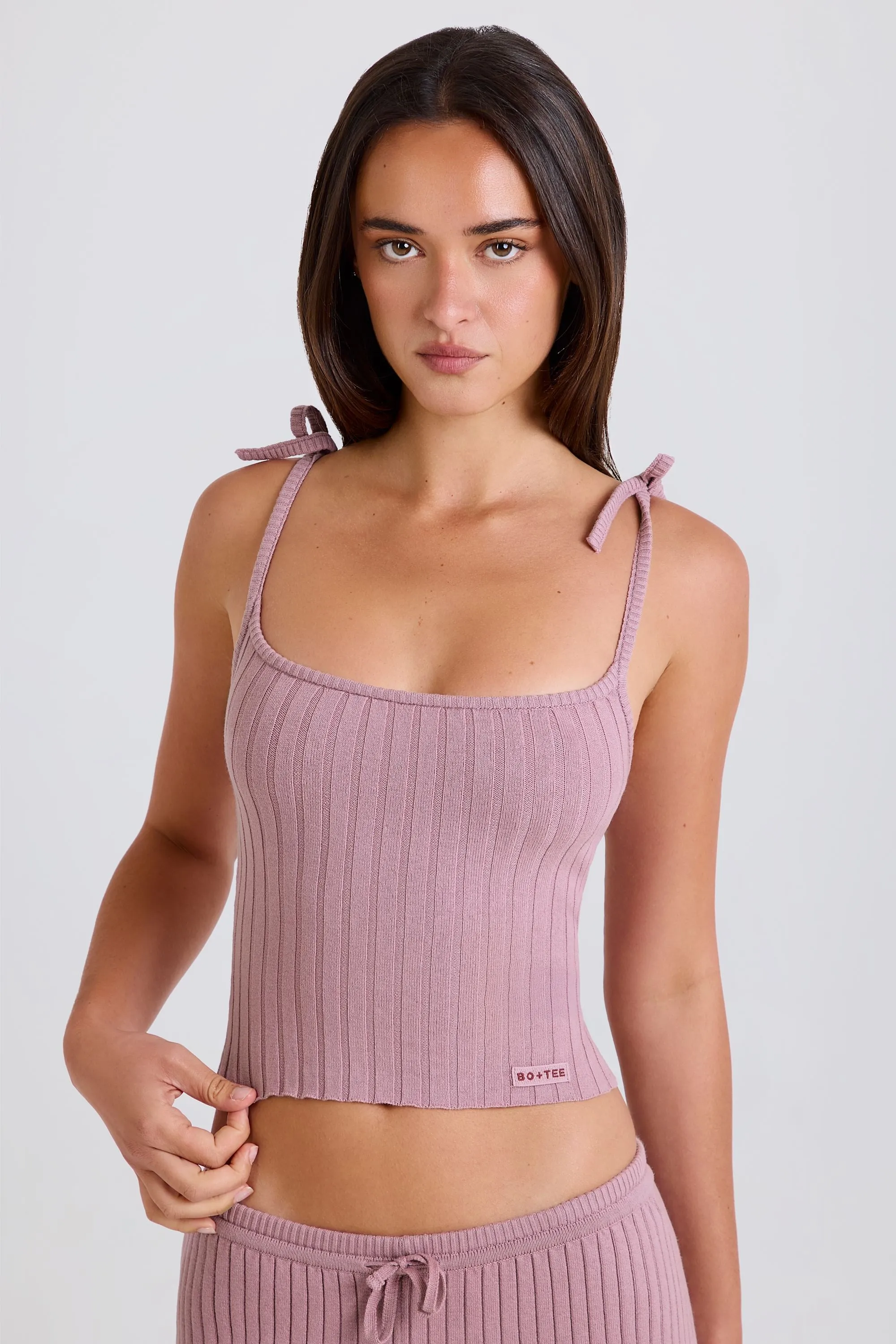 Ribbed Knit Tie Tank Top in Mauve sold by Bo + Tee