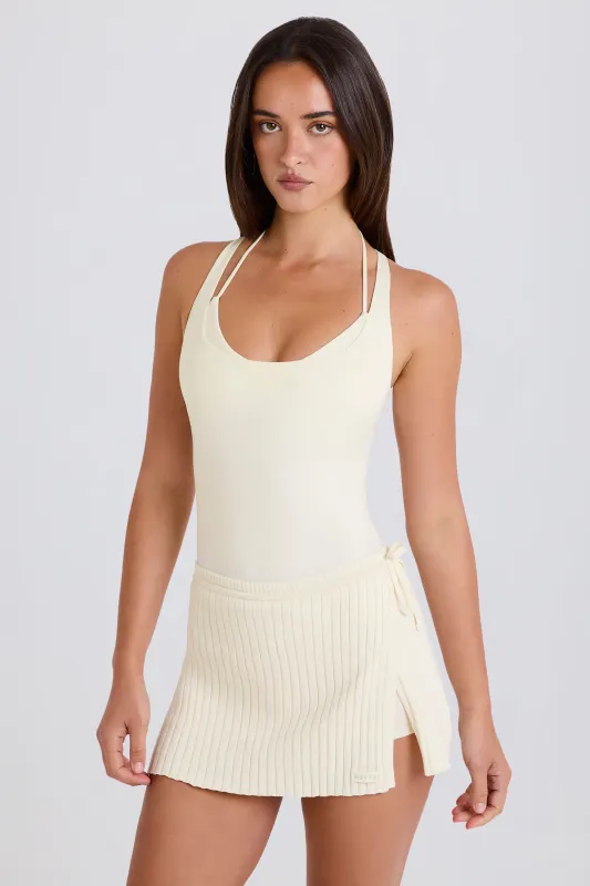 Ribbed-Knit Wrapover Tie Skort in Cream sold by Bo + Tee