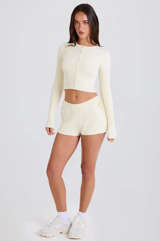 Ribbed Knit Tie Mini Shorts in Cream sold by Bo + Tee