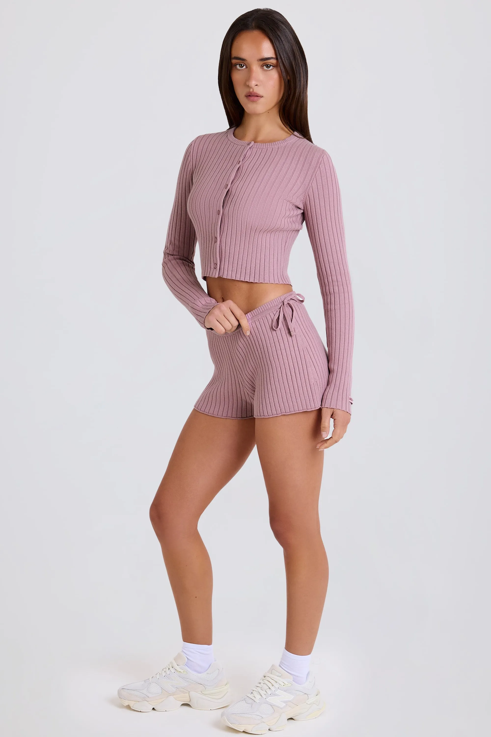 Ribbed Knit Tie Mini Shorts in Mauve sold by Bo + Tee