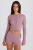 Ribbed-Knit Button-Up Cardigan in Mauve sold by Bo + Tee