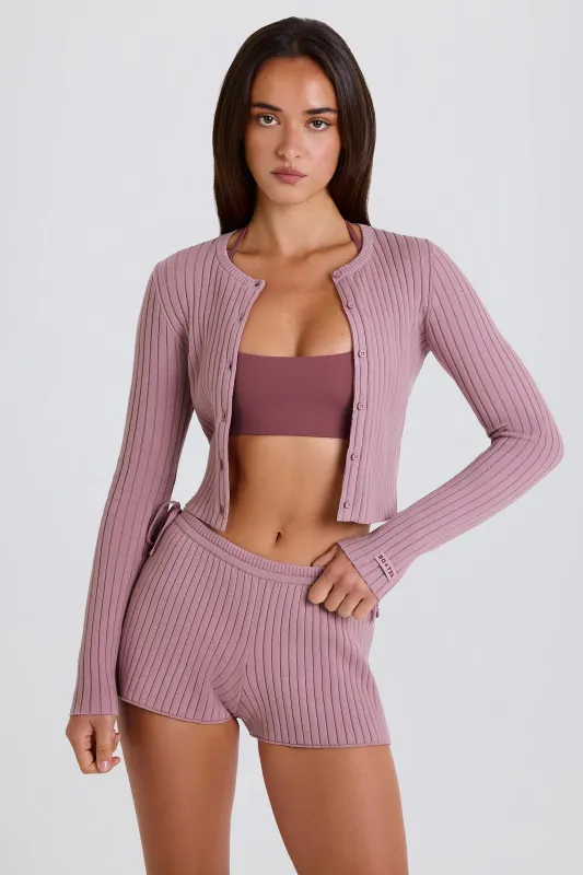 Ribbed-Knit Button-Up Cardigan in Mauve sold by Bo + Tee