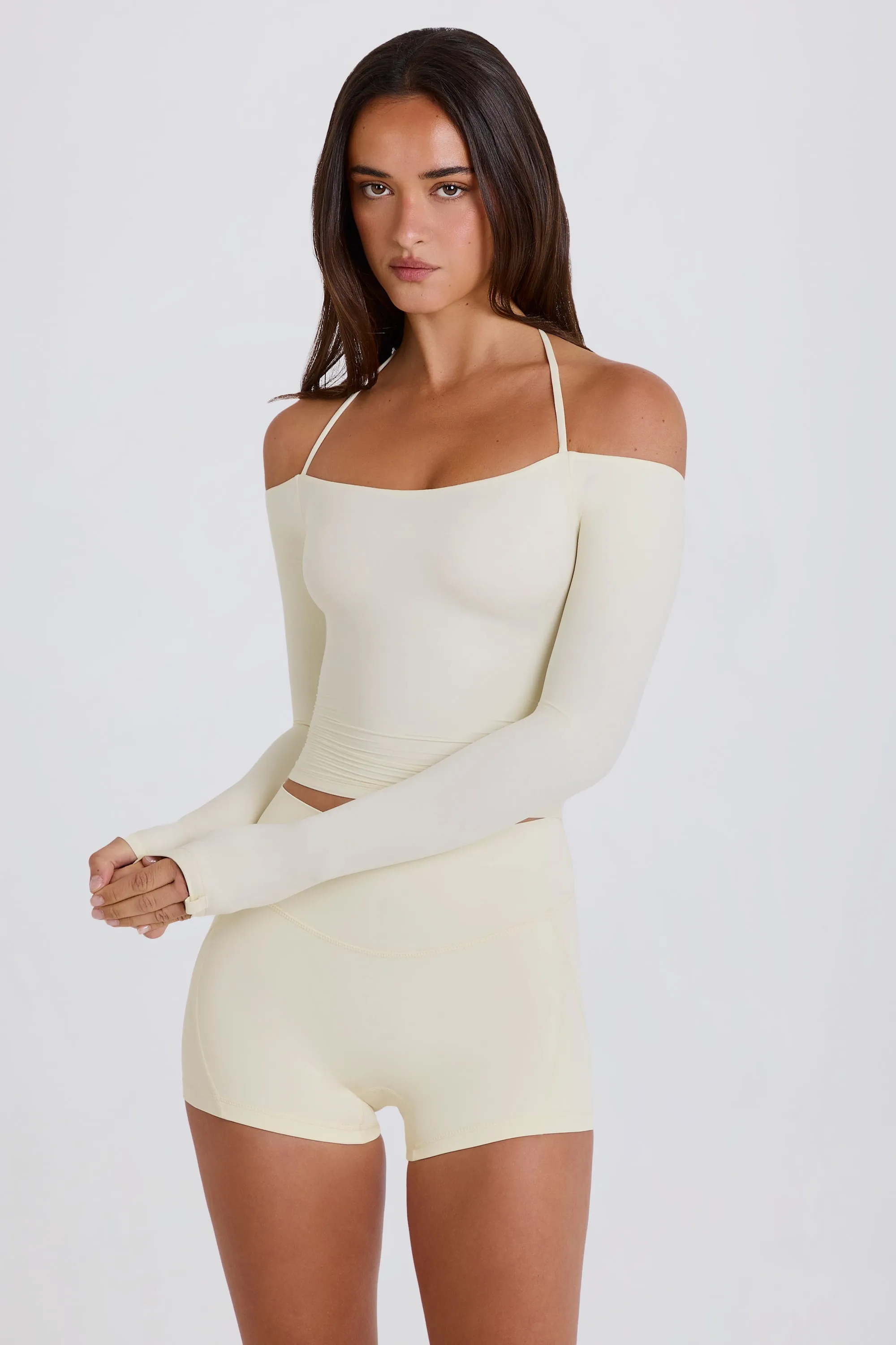 Soft Jersey Off-Shoulder Halterneck Longline Top in Cream sold by Bo + Tee product image thumbnail 4