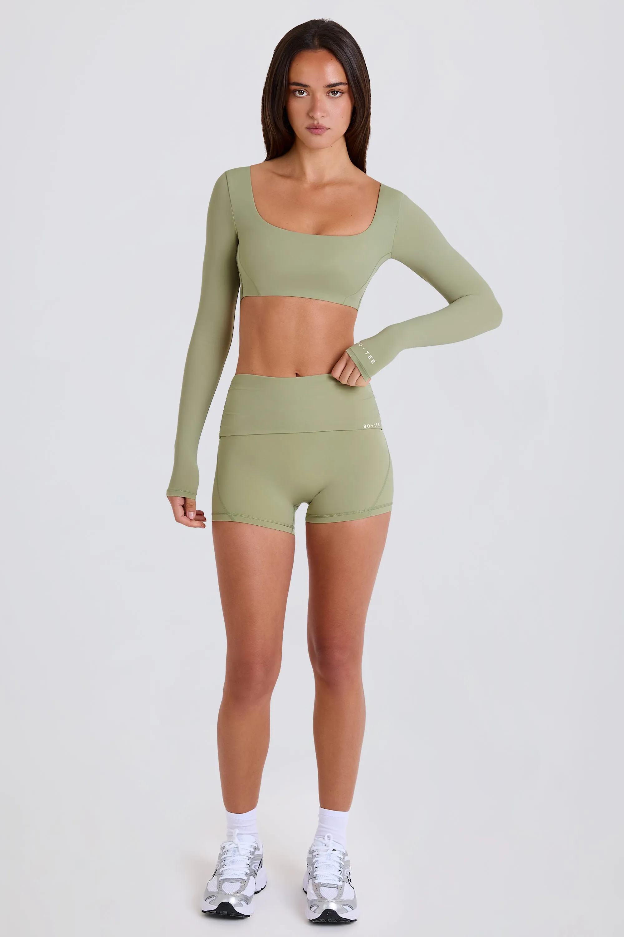 Four-Way Stretch Foldover Mid-Rise Mini Shorts in Matcha sold by Bo + Tee product image thumbnail 5