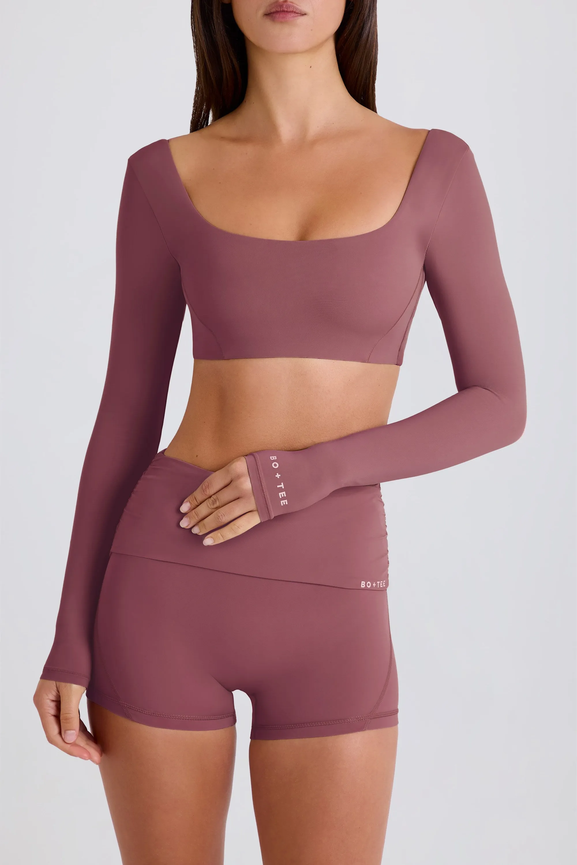 Four-Way Stretch Multiway Long-Sleeve Crop Top in Acai sold by Bo + Tee product image thumbnail 5