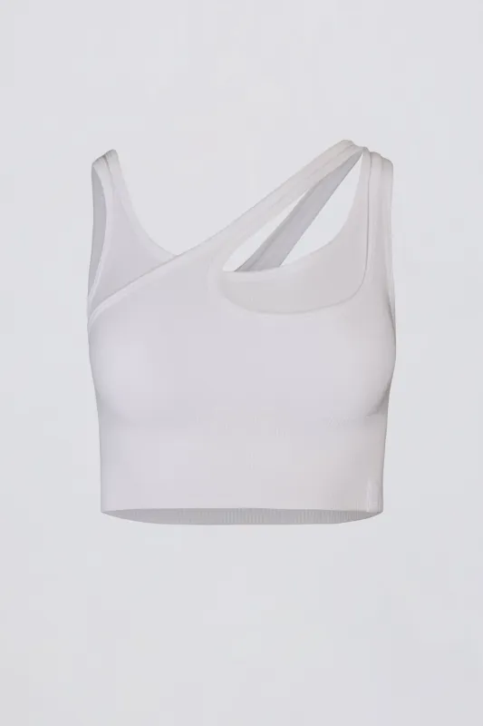 Seamless Soft Rib Asymmetric Sports Bra in White sold by Bo + Tee