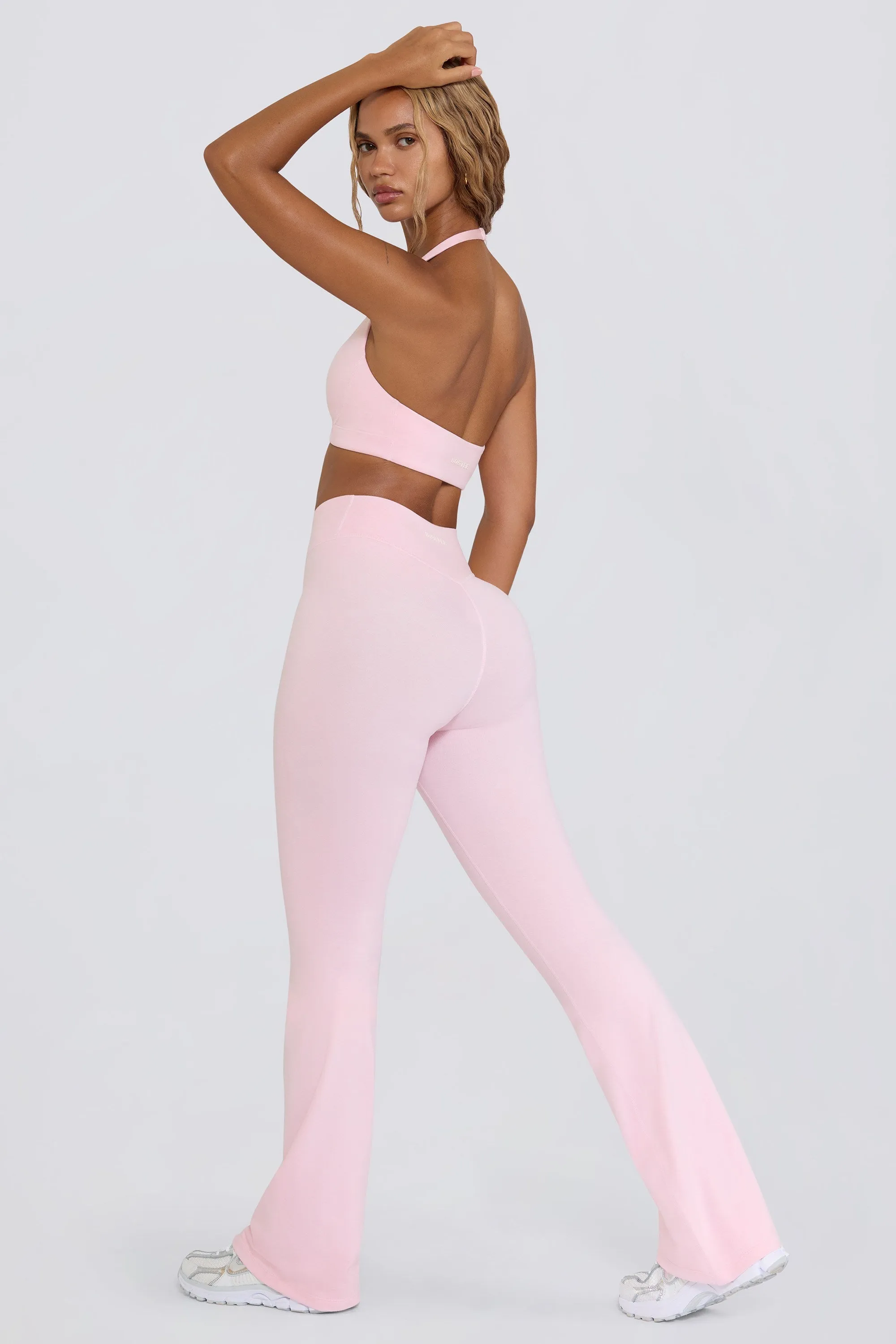 Brushed Jersey Ruched Flared Trousers in Pale Pink Marl sold by Bo + Tee