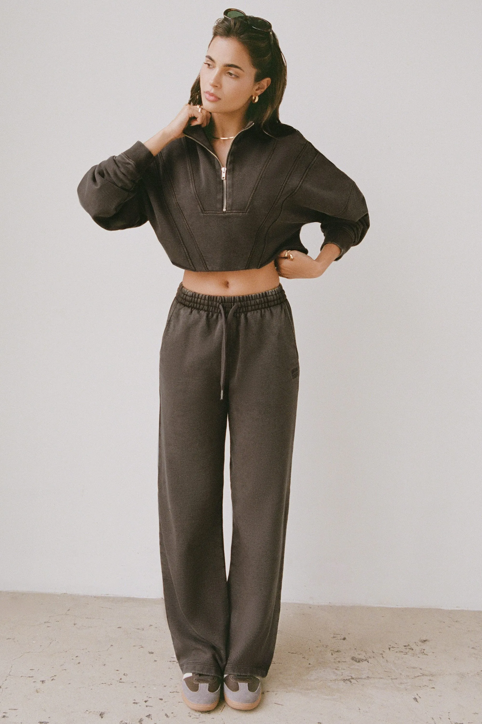 Soft Cotton Jersey Mid-Rise Wide-Leg Joggers in Brown sold by Bo + Tee