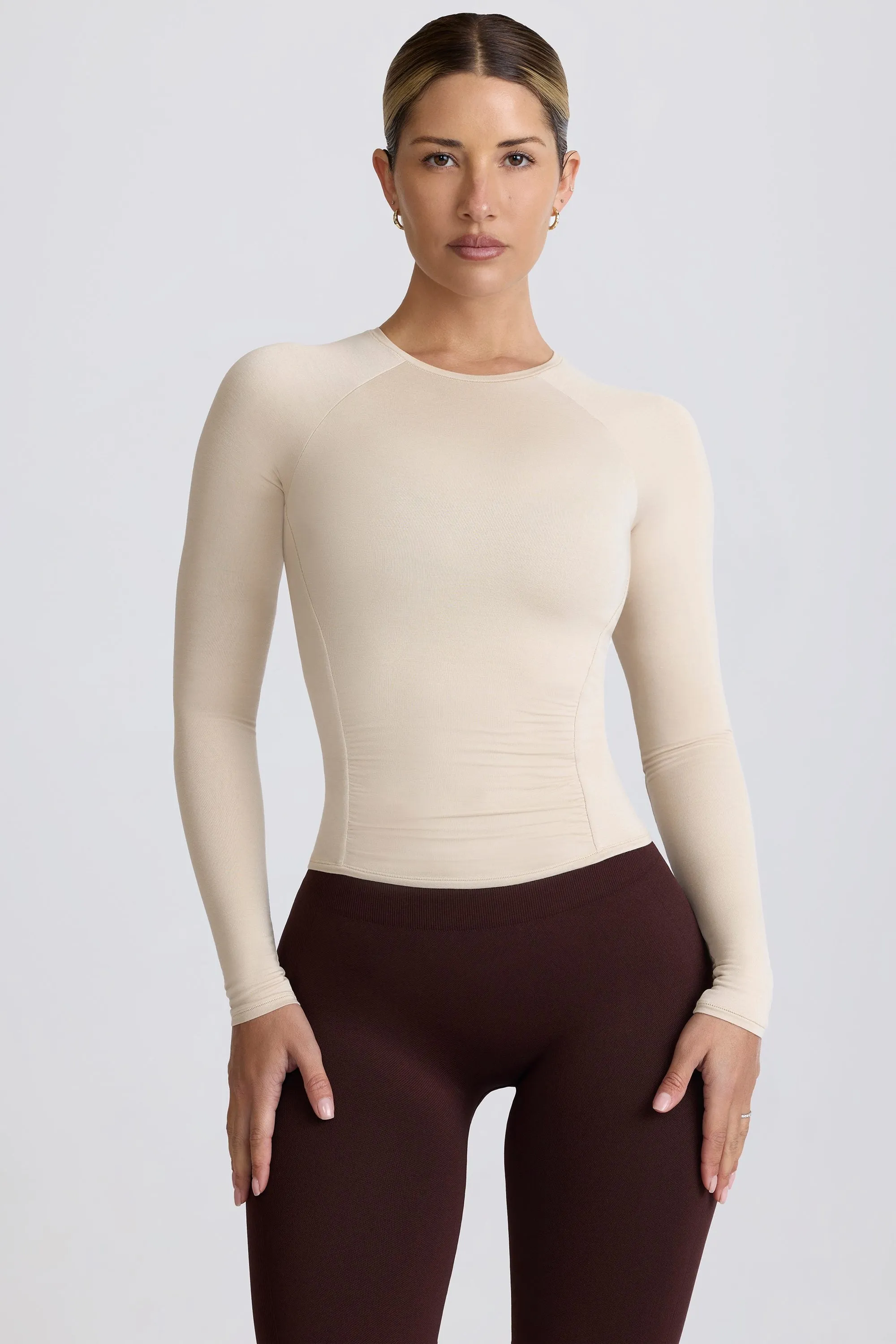 Modal Ruched Long-Sleeve Top in Bone sold by Bo + Tee