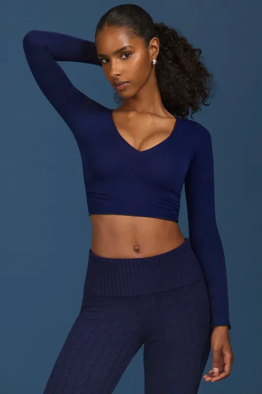 Ruched Long-Sleeve Crop Top in Navy sold by Bo + Tee