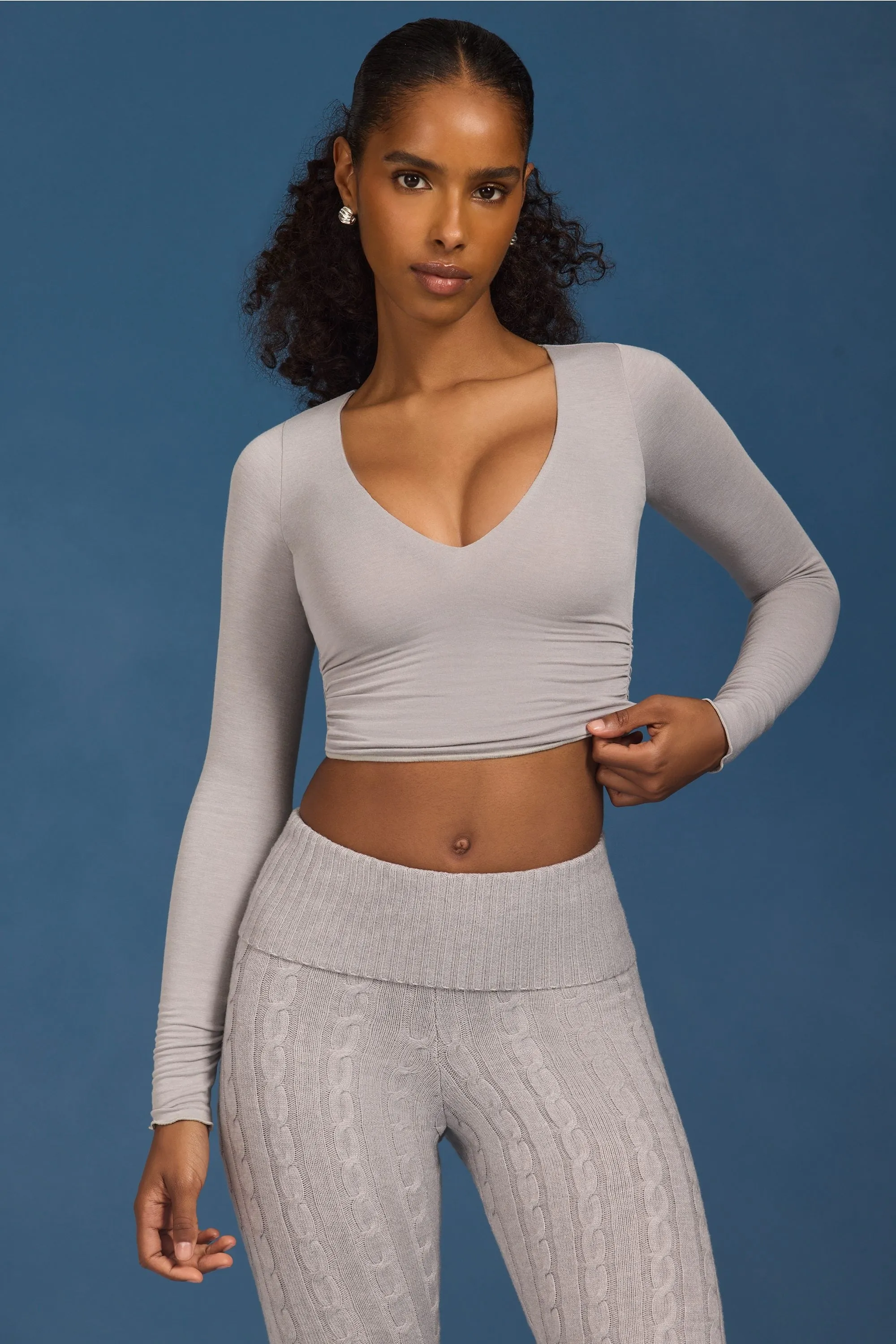 Ruched Long-Sleeve Crop Top in Grey sold by Bo + Tee