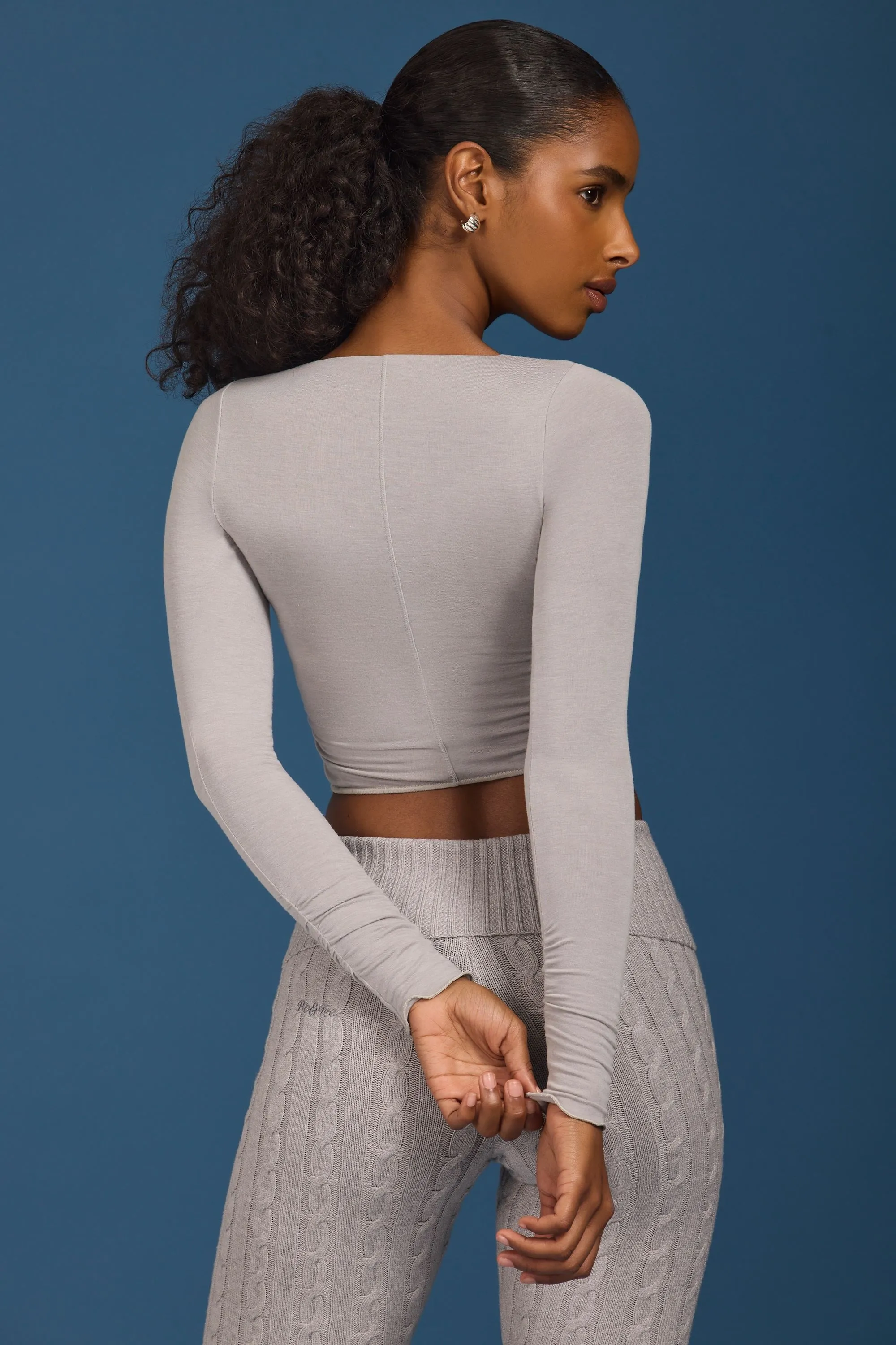 Ruched Long-Sleeve Crop Top in Grey sold by Bo + Tee product image thumbnail 2