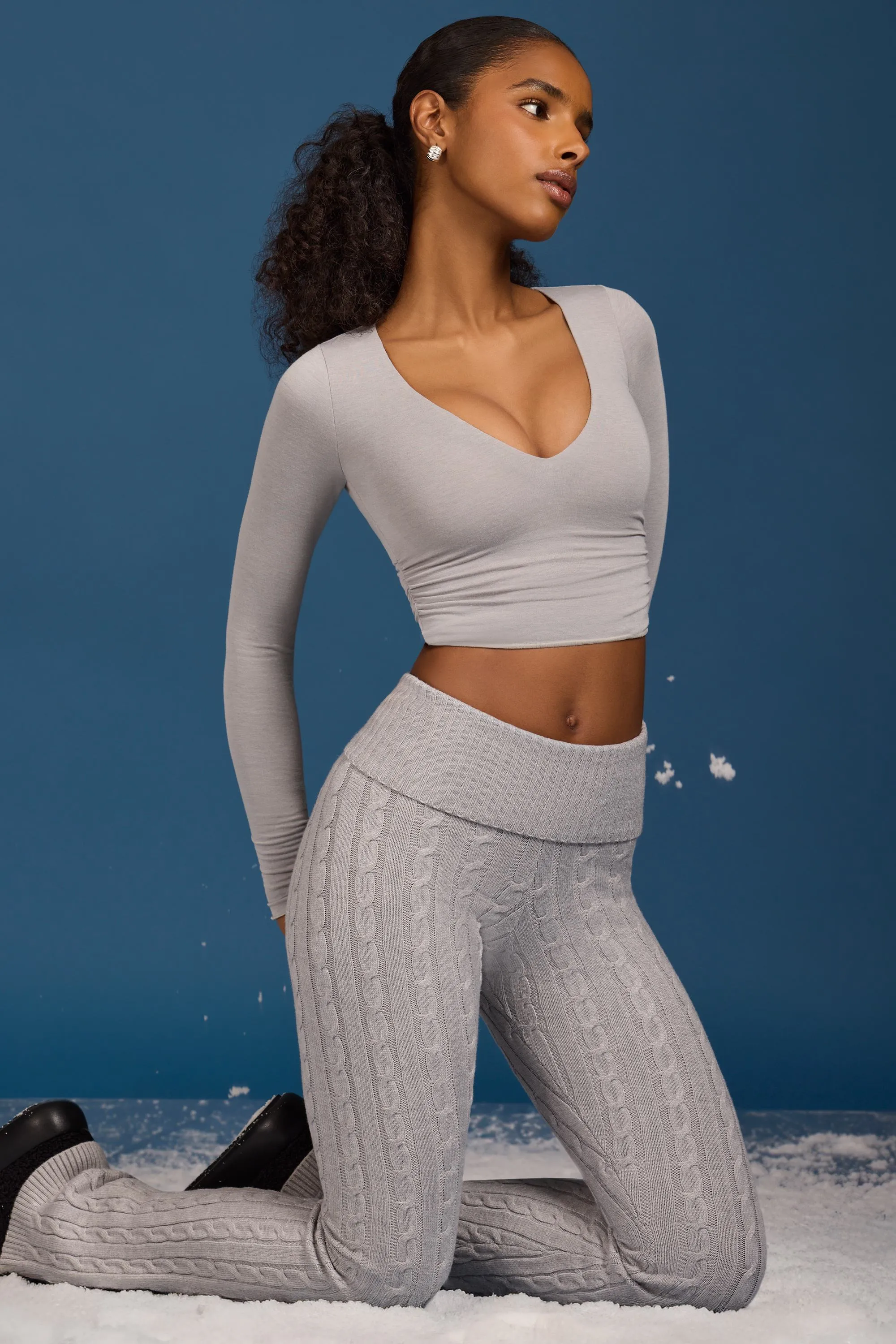 Ruched Long-Sleeve Crop Top in Grey sold by Bo + Tee product image thumbnail 5