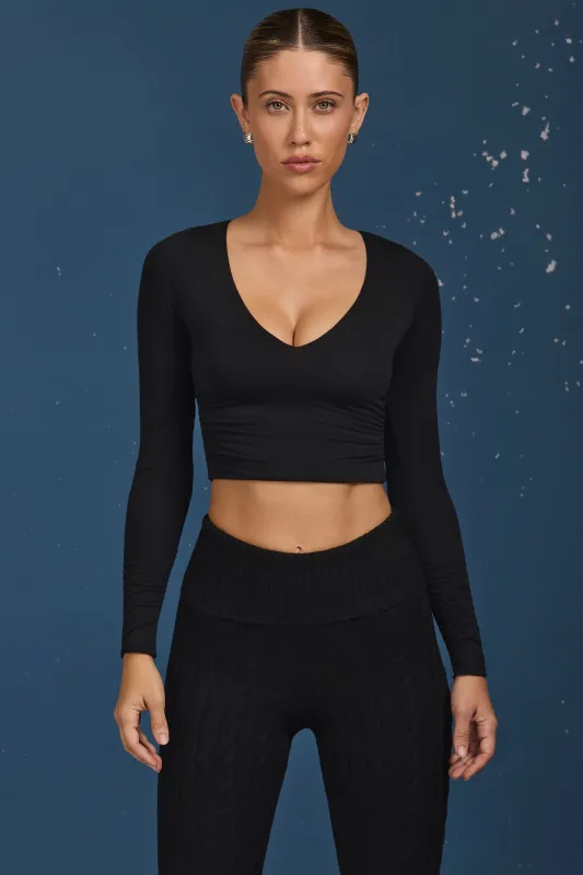 Ruched Long-Sleeve Crop Top in Black sold by Bo + Tee