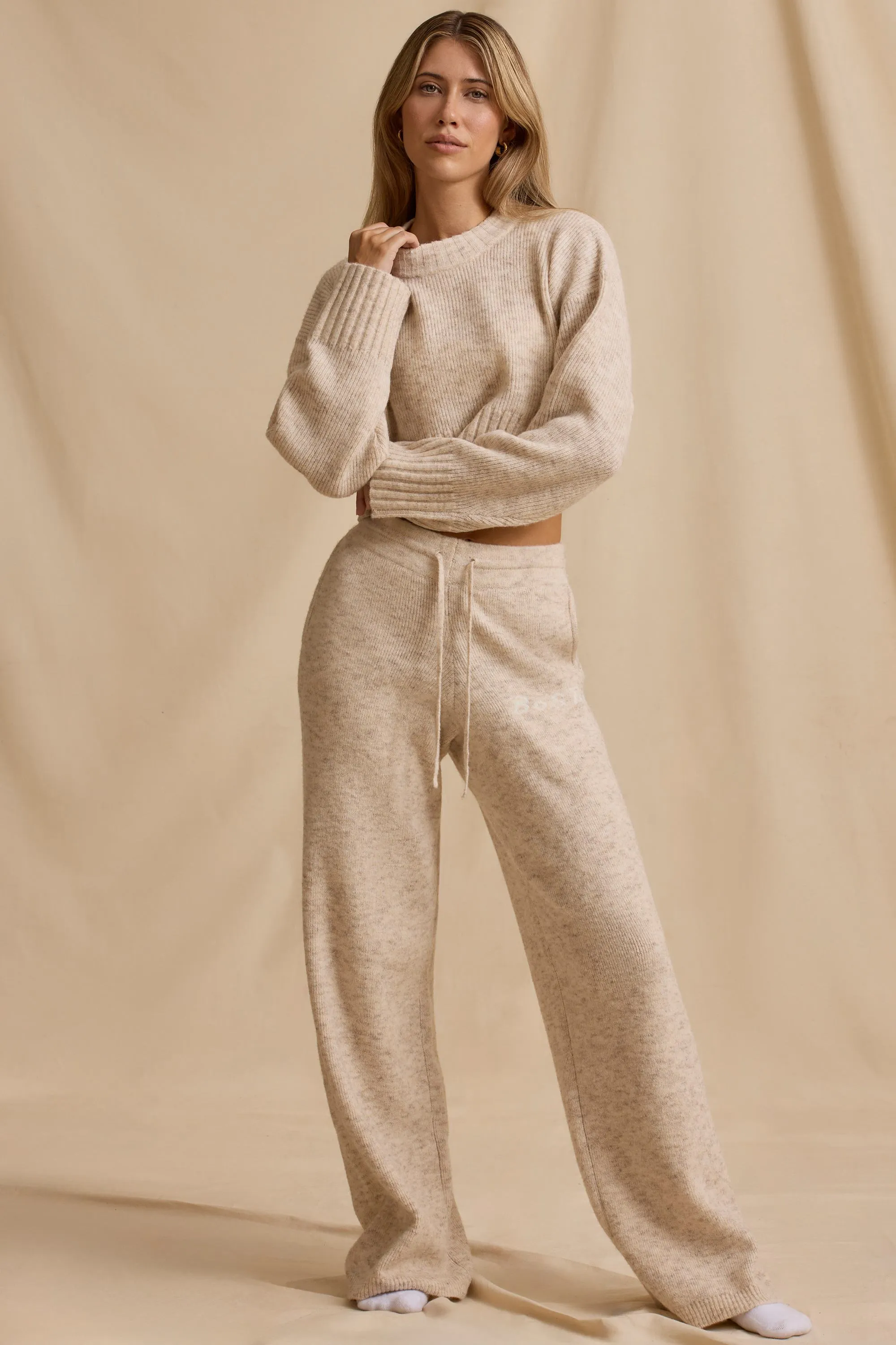 Ribbed Knit Mid-Rise Wide-Leg Joggers in Cream Marl sold by Bo + Tee product image thumbnail 5