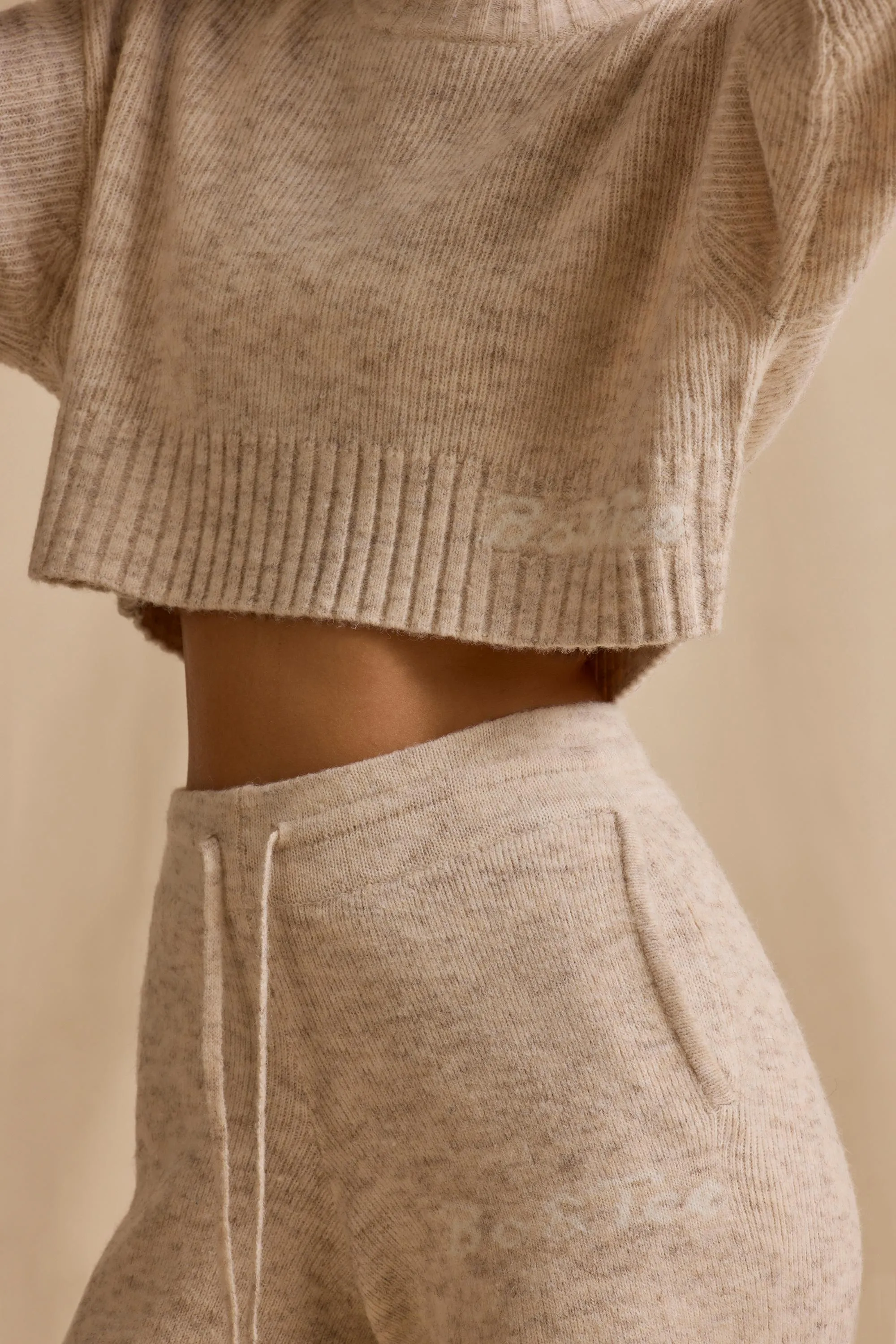 Ribbed Knit Mid-Rise Wide-Leg Joggers in Cream Marl sold by Bo + Tee product image thumbnail 4