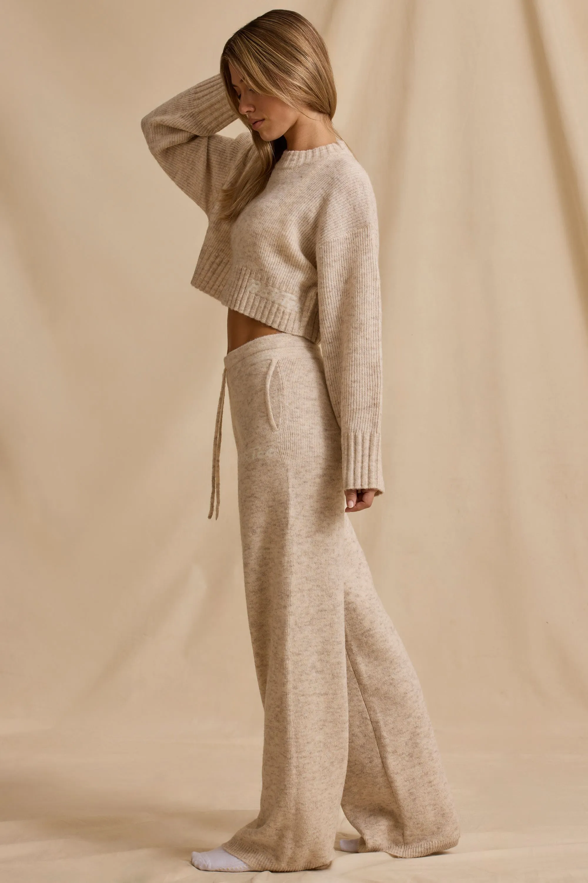 Ribbed Knit Mid-Rise Wide-Leg Joggers in Cream Marl sold by Bo + Tee product image thumbnail 2