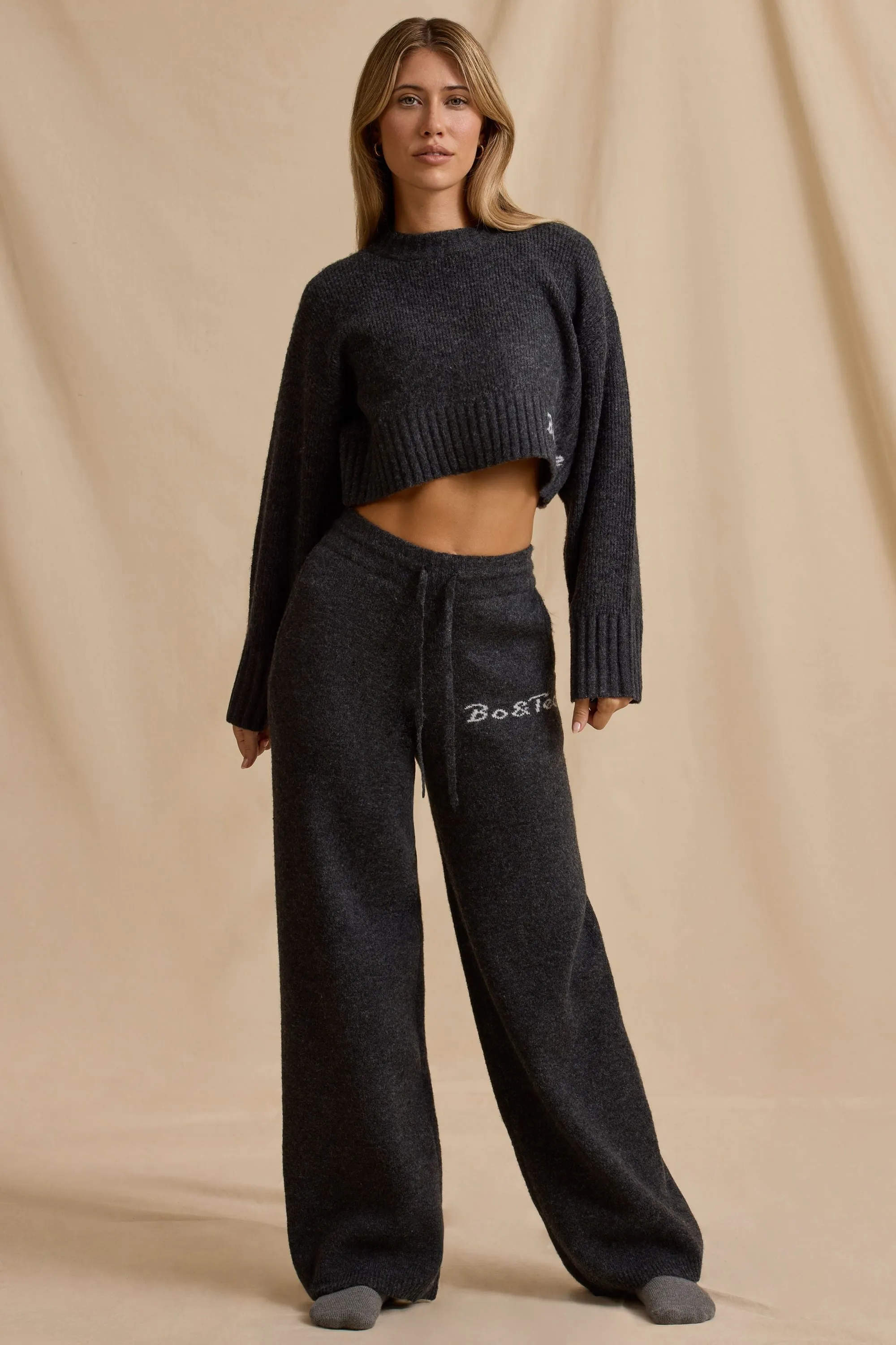 Ribbed Knit Mid-Rise Wide-Leg Joggers in Charcoal Marl sold by Bo + Tee