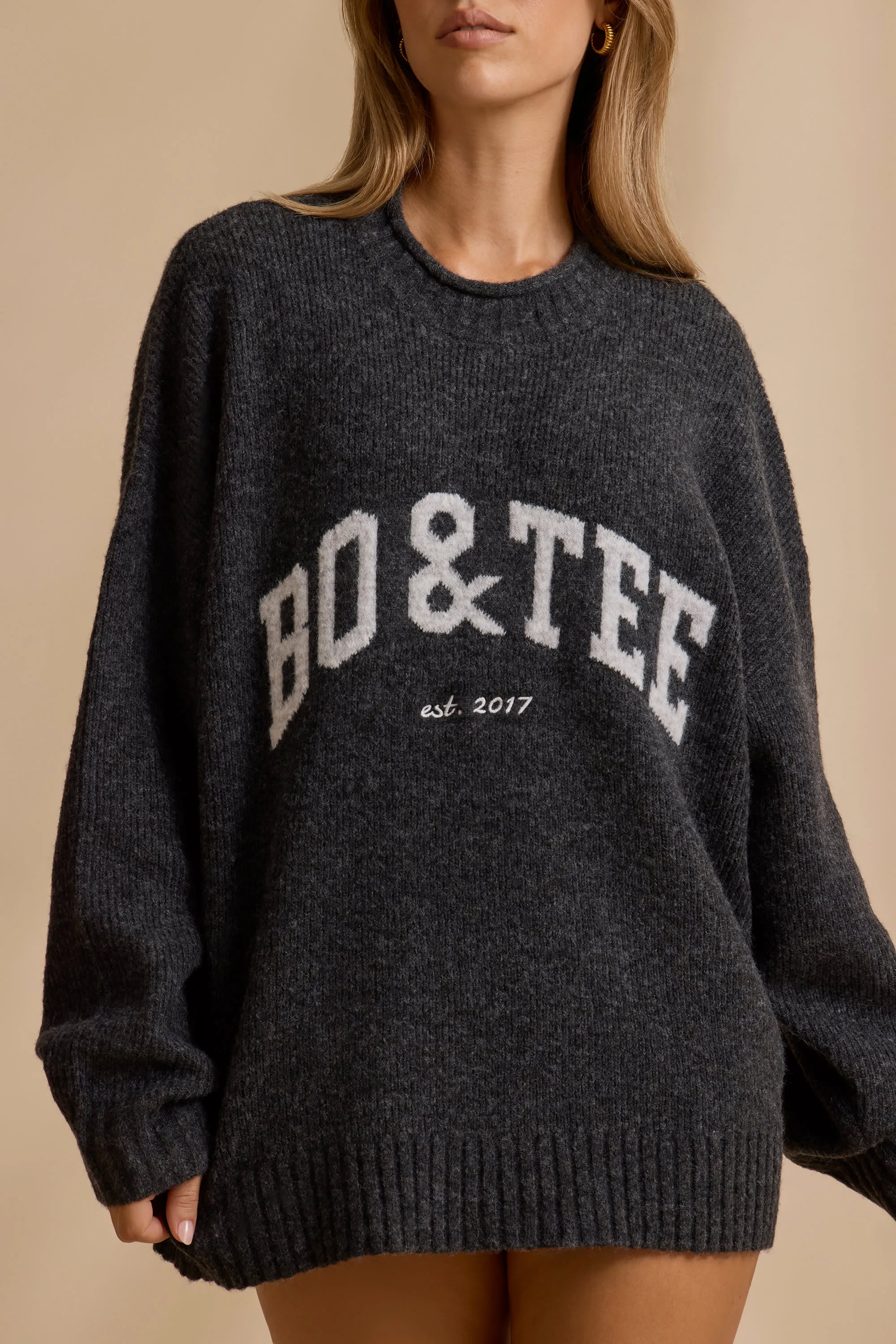 Ribbed Knit Oversized Jumper in Charcoal Marl sold by Bo + Tee product image thumbnail 4