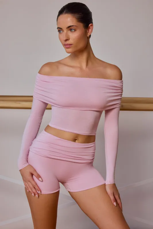 Sheer Off-Shoulder Long-Sleeve Top in Soft Pink sold by Bo + Tee