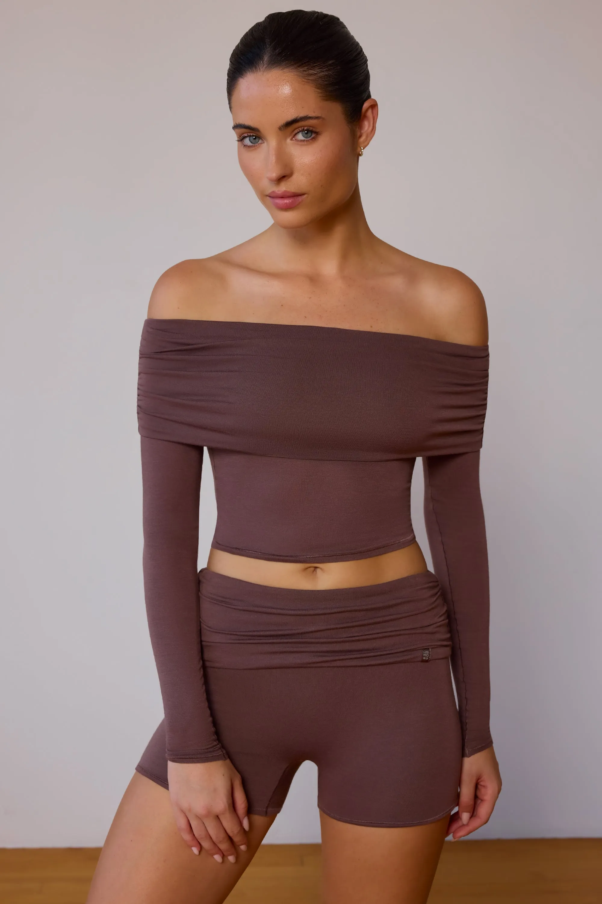 Sheer Off-Shoulder Long-Sleeve Top in Taupe Brown sold by Bo + Tee