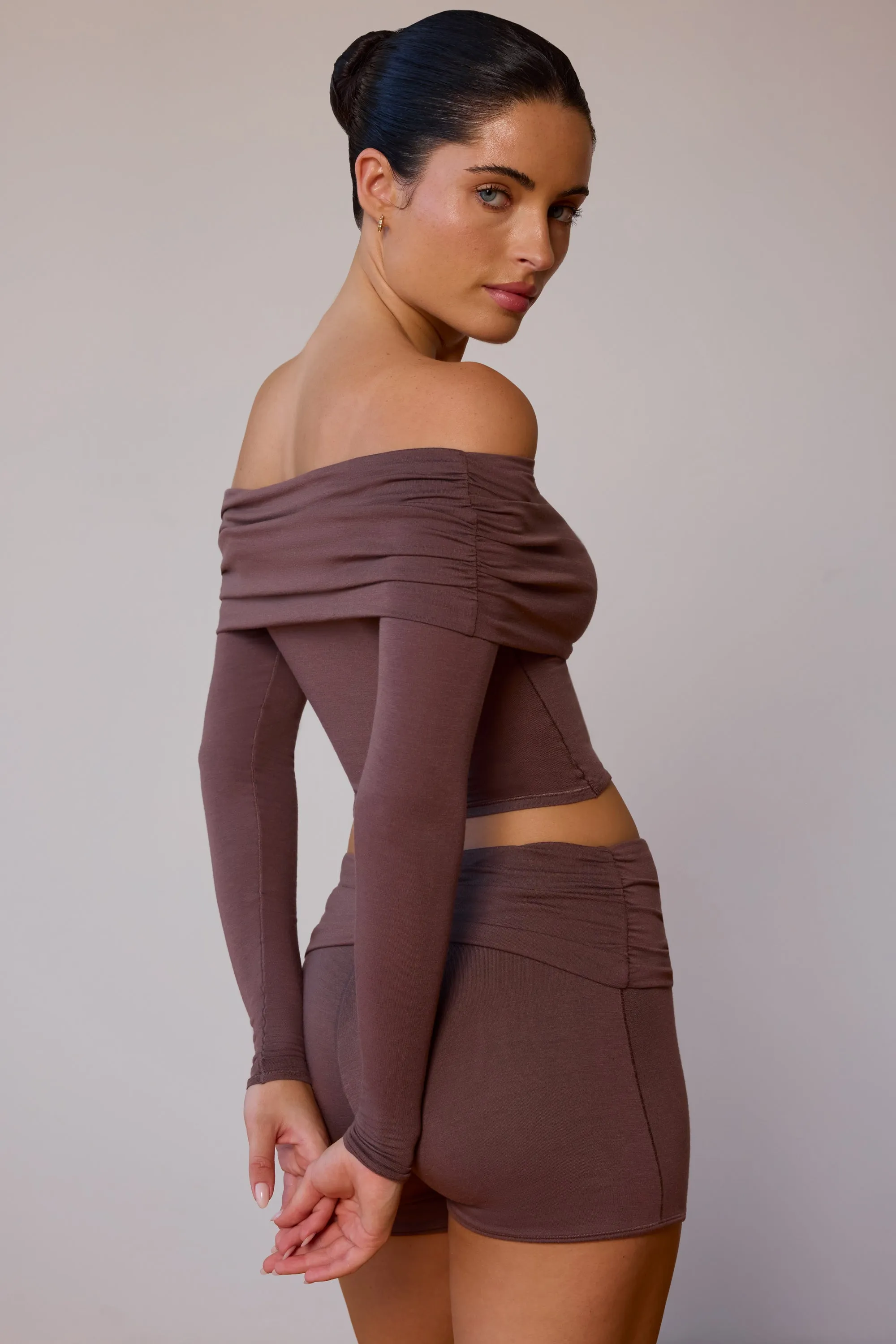 Sheer Off-Shoulder Long-Sleeve Top in Taupe Brown sold by Bo + Tee product image thumbnail 2