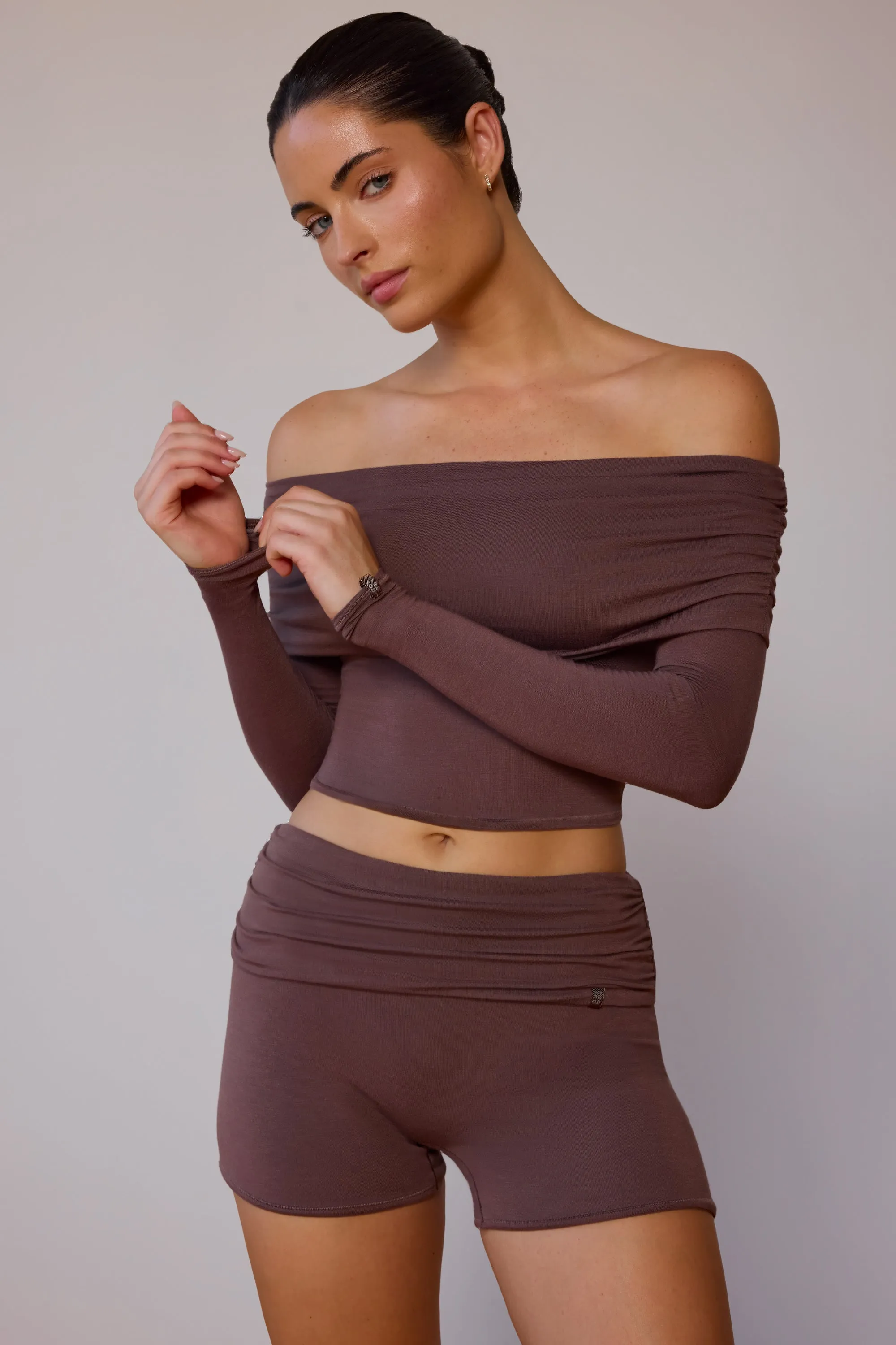 Sheer Off-Shoulder Long-Sleeve Top in Taupe Brown sold by Bo + Tee product image thumbnail 5