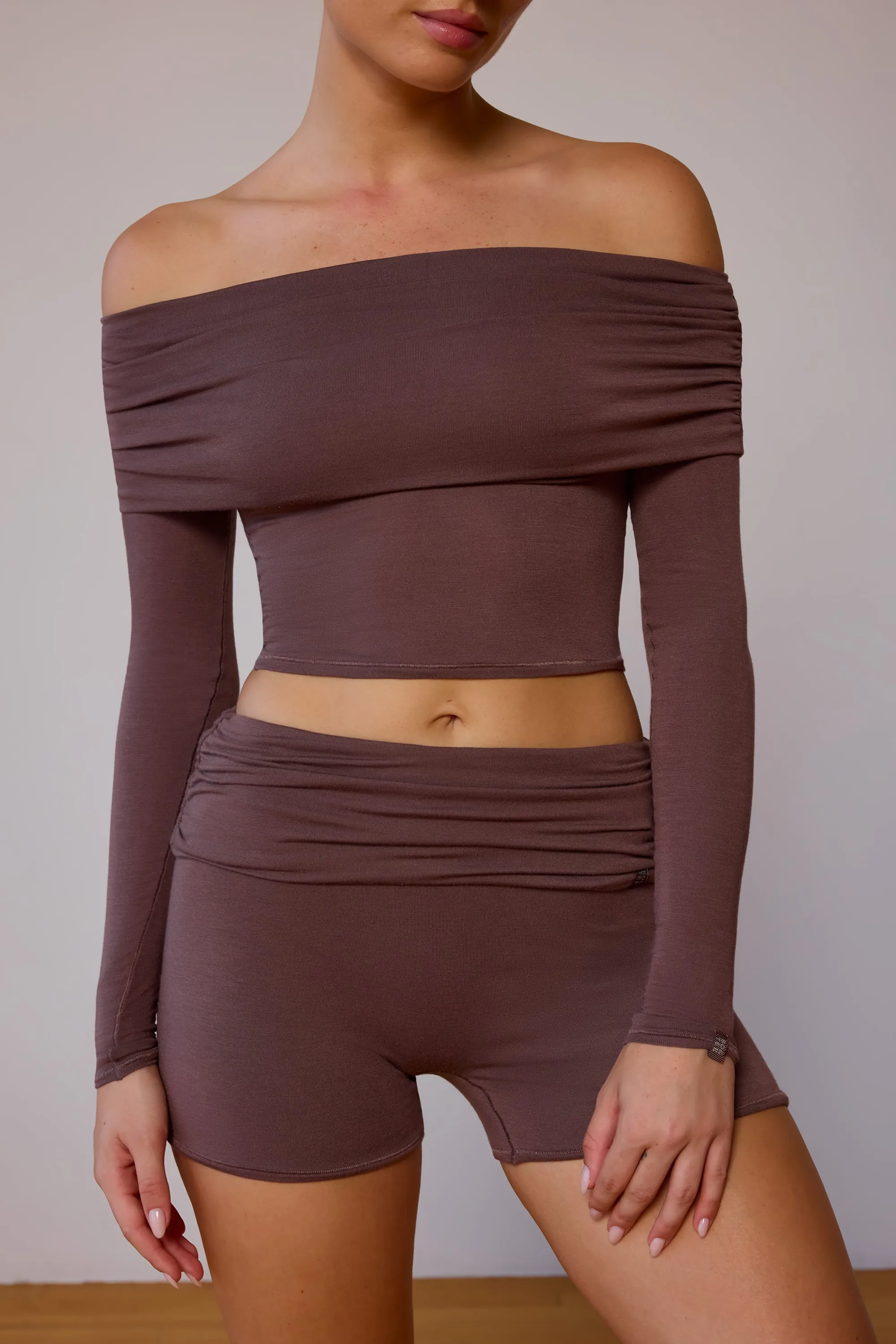 Sheer Off-Shoulder Long-Sleeve Top in Taupe Brown sold by Bo + Tee product image thumbnail 4