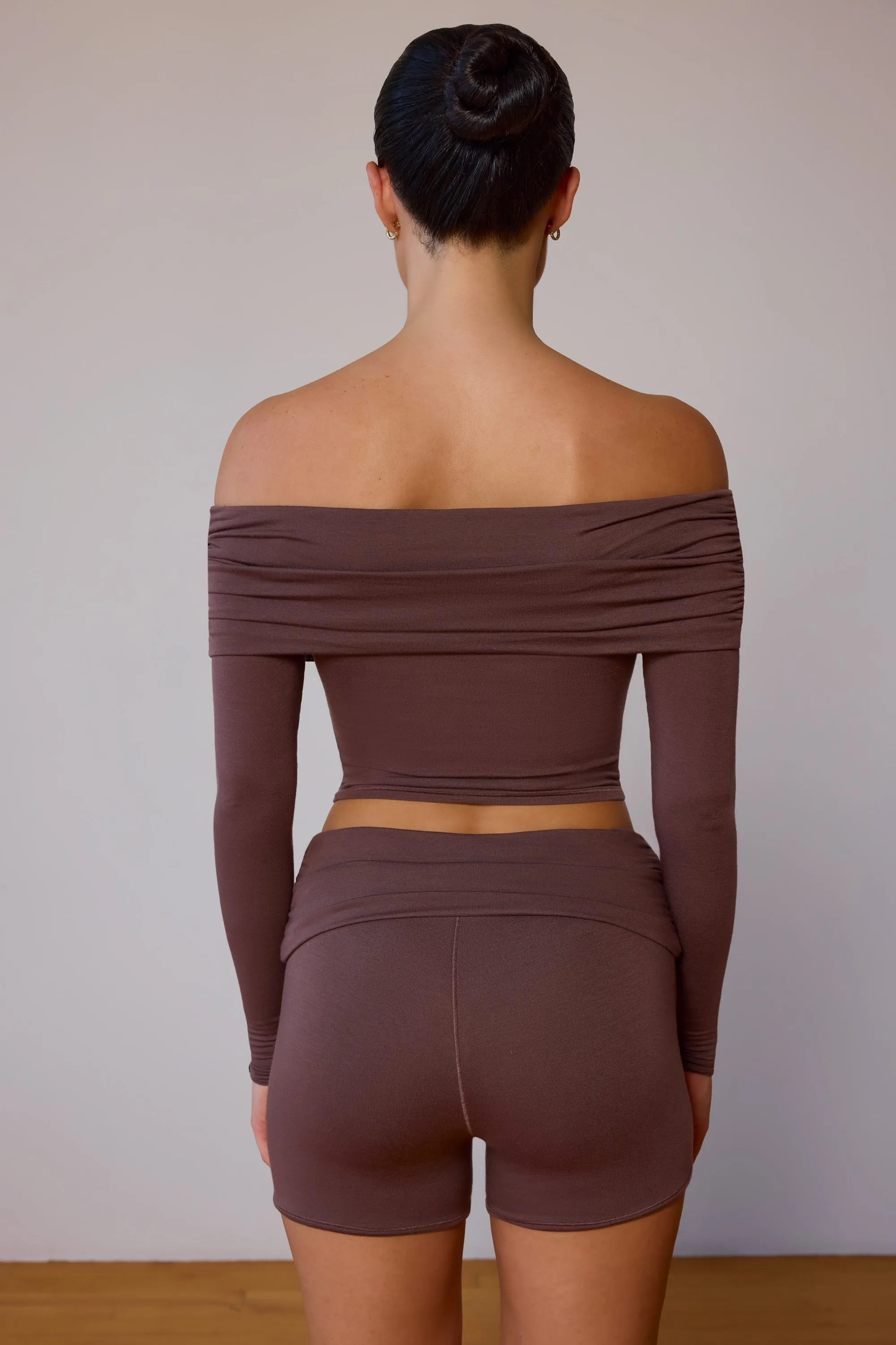 Sheer Off-Shoulder Long-Sleeve Top in Taupe Brown sold by Bo + Tee product image thumbnail 3