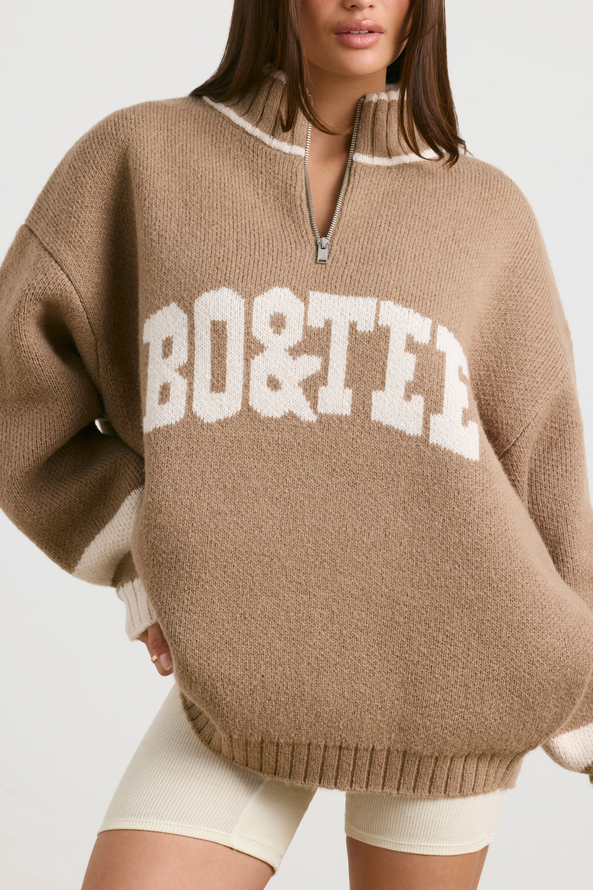 Oversized Quarter-Zip Chunky-Knit Jumper in Espresso sold by Bo + Tee product image thumbnail 4
