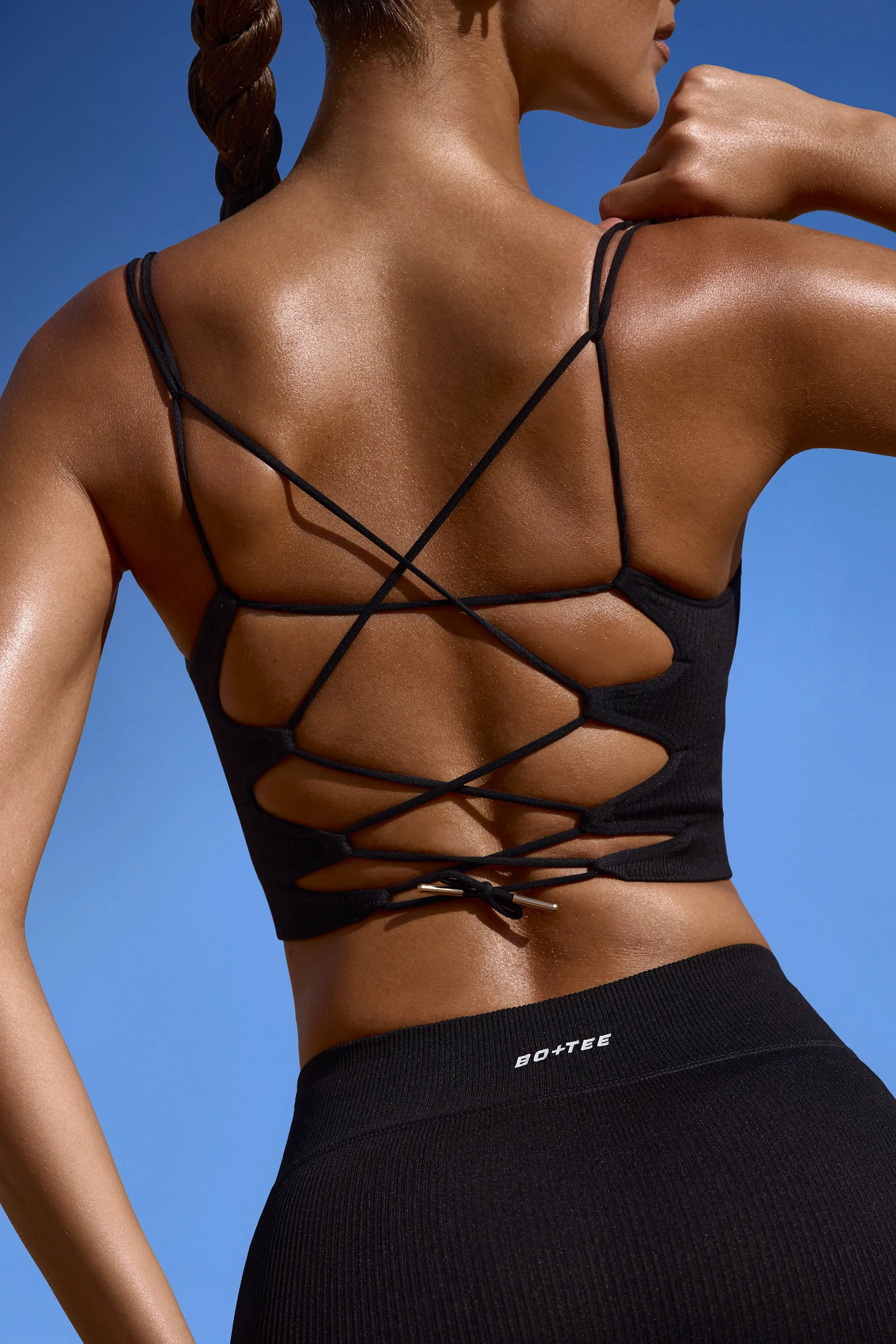 Plunge Neck Open Back FlexiRib Sports Bra in Black sold by Bo + Tee product image thumbnail 5