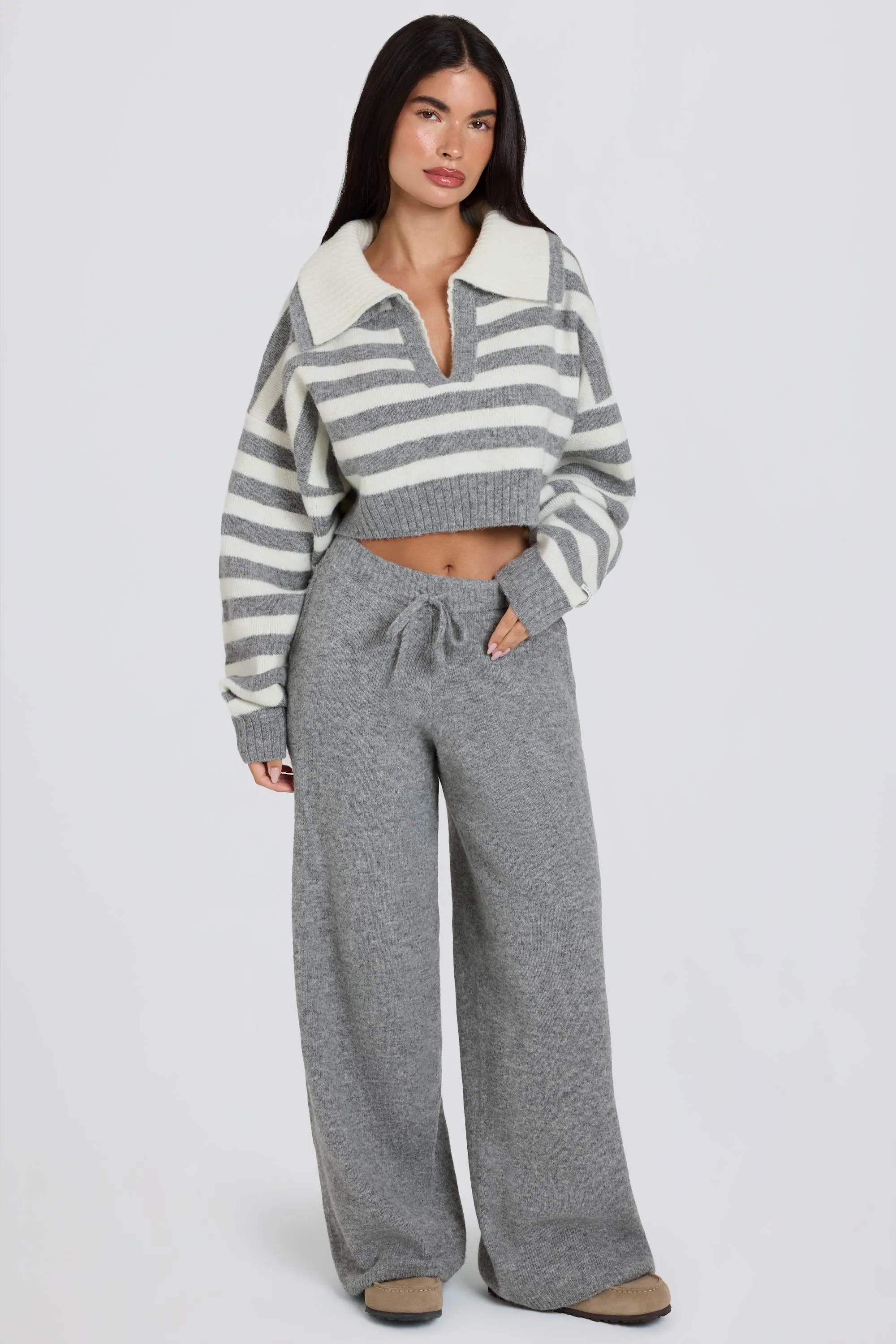 Knit Mid-Rise Wide-Leg Joggers in Grey sold by Bo + Tee product image thumbnail 2