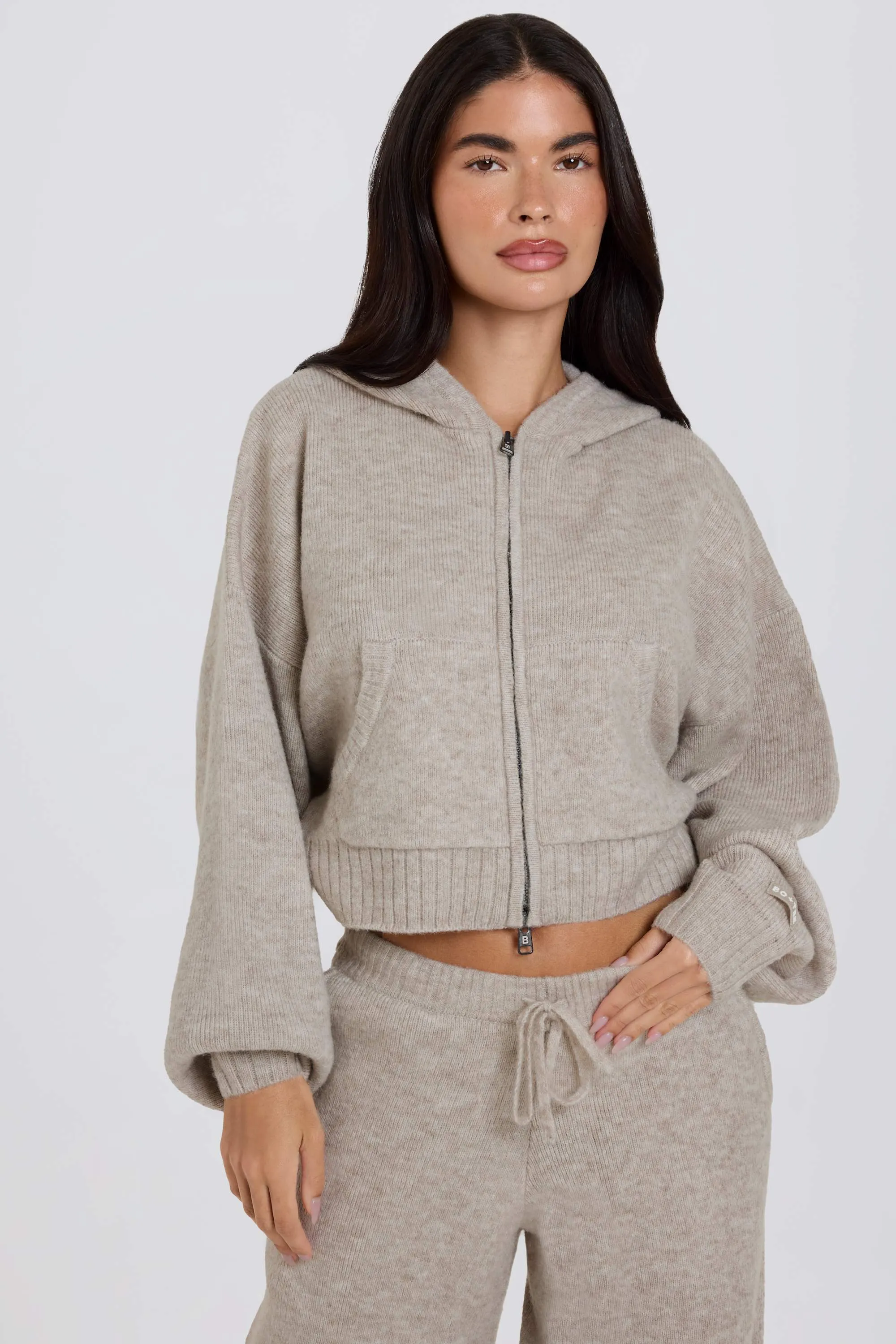 Soft Knit Zip-Up Cropped Hoodie in Beige sold by Bo + Tee product image thumbnail 2