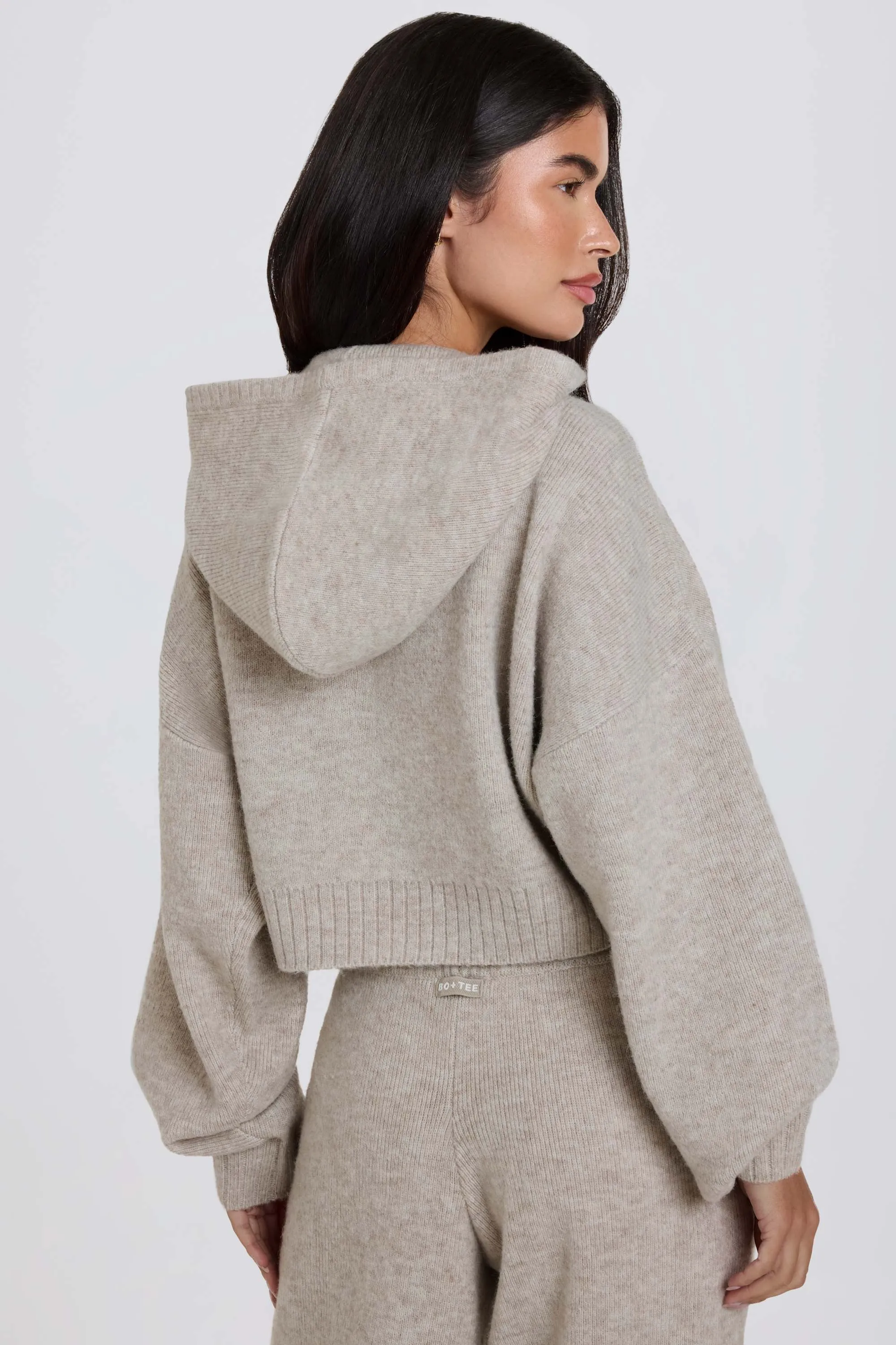 Soft Knit Zip-Up Cropped Hoodie in Beige sold by Bo + Tee product image thumbnail 3