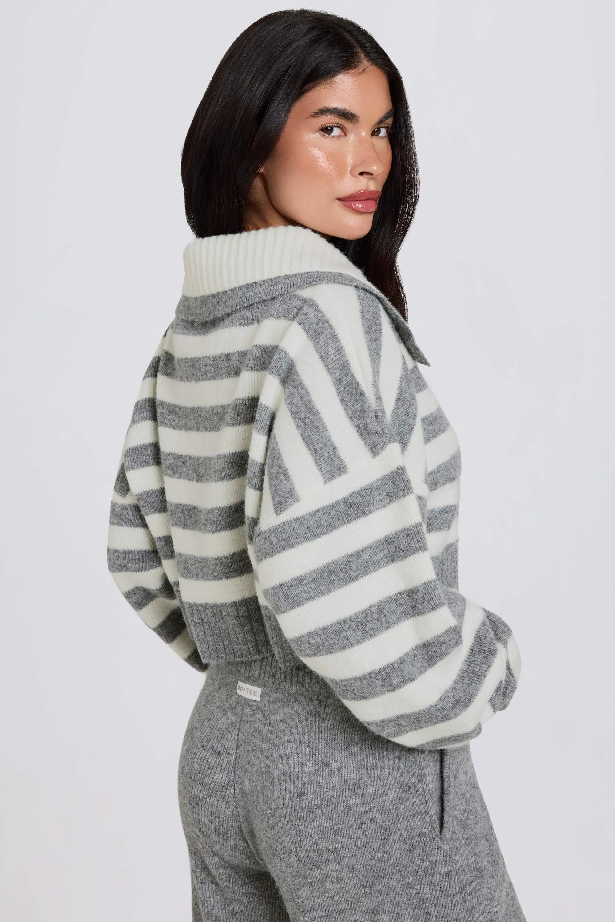 Layered Collar Cropped Knit Jumper in Grey Stripe sold by Bo + Tee product image thumbnail 3