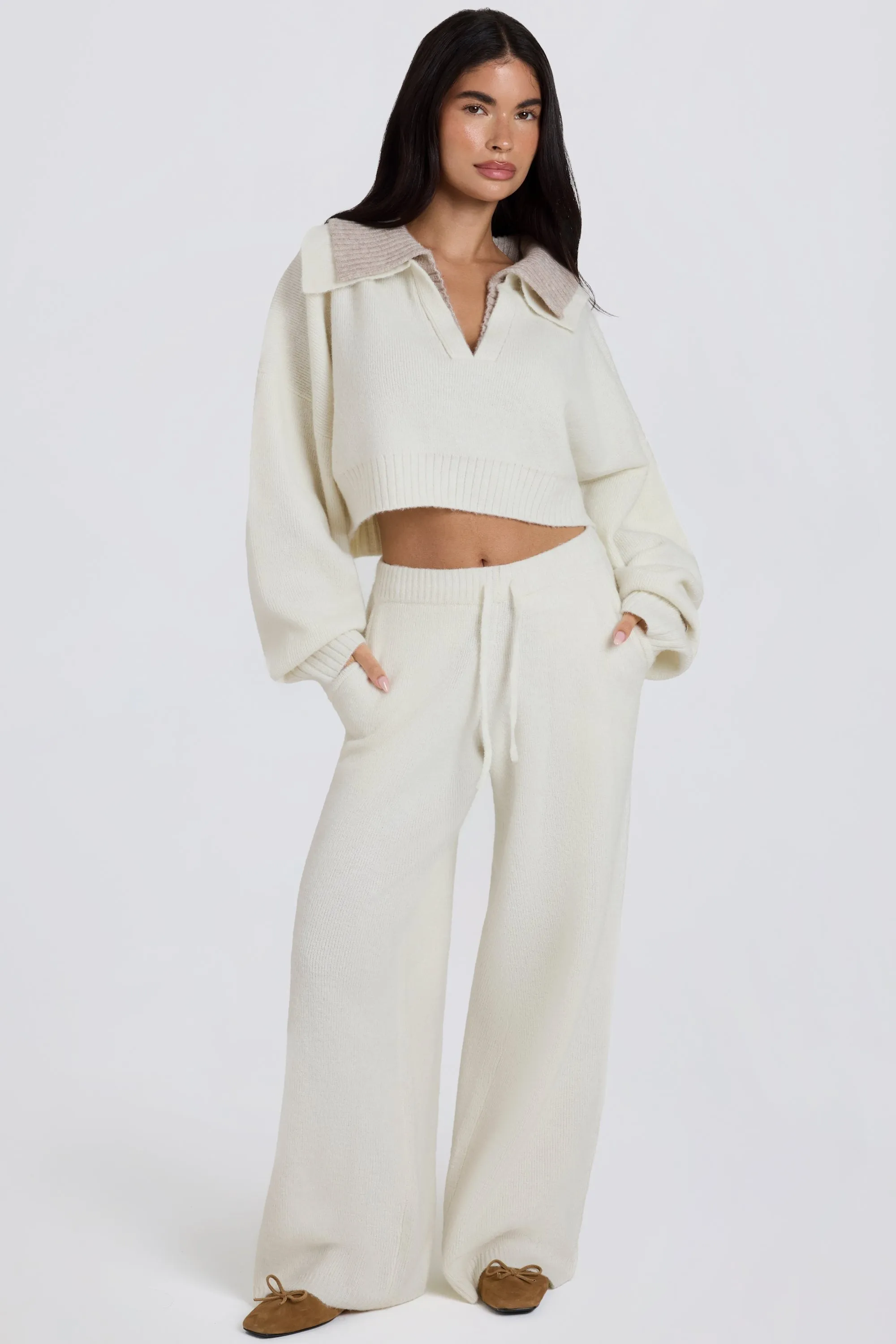 Knit Mid-Rise Wide-Leg Joggers in Ivory sold by Bo + Tee product image thumbnail 2