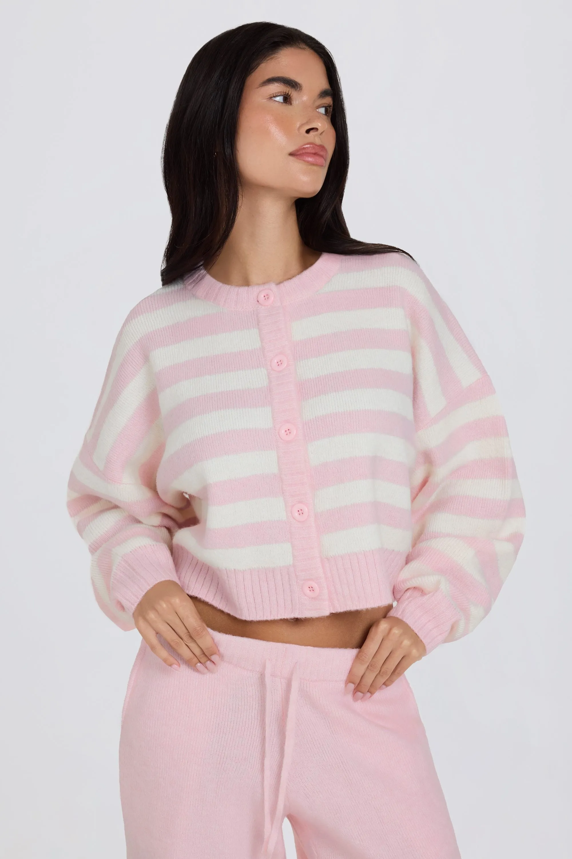 Soft Knit Stripe Cropped Cardigan in Pink Stripe sold by Bo + Tee product image thumbnail 2