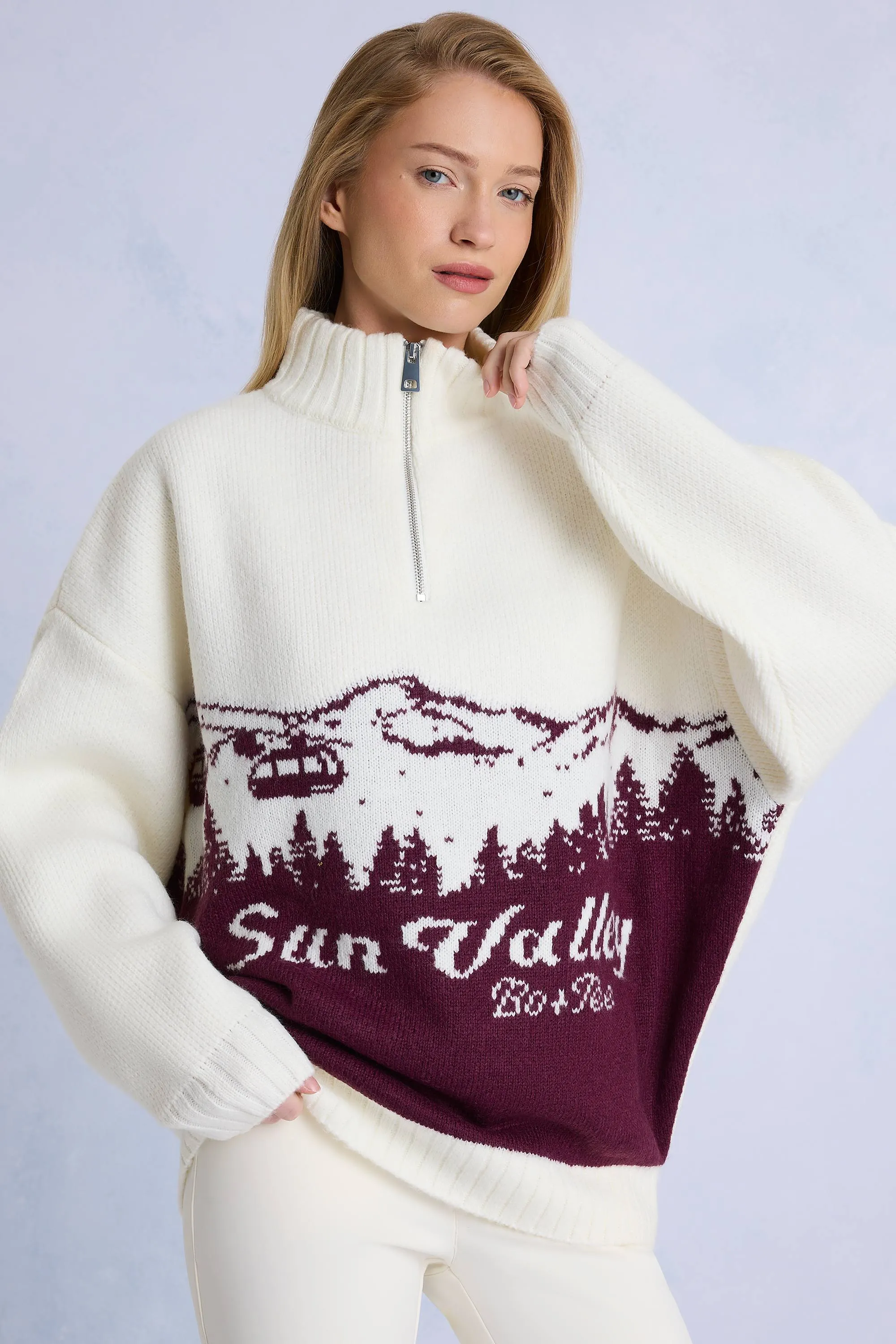 Knit Quarter-Zip Turtleneck Oversized Jumper in Burgundy sold by Bo + Tee