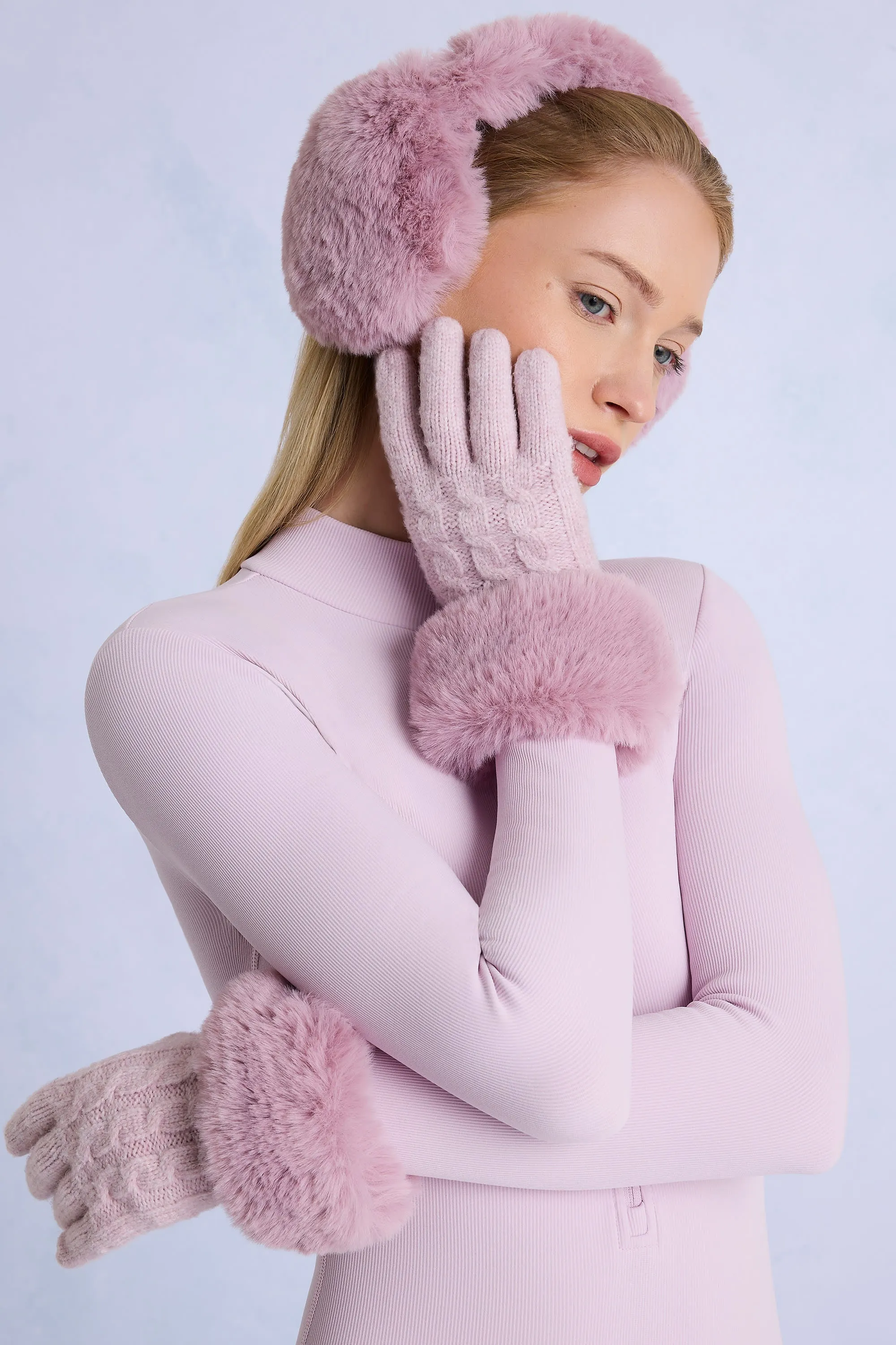 Knit Faux-Fur Cuff Gloves in Powder Pink sold by Bo + Tee