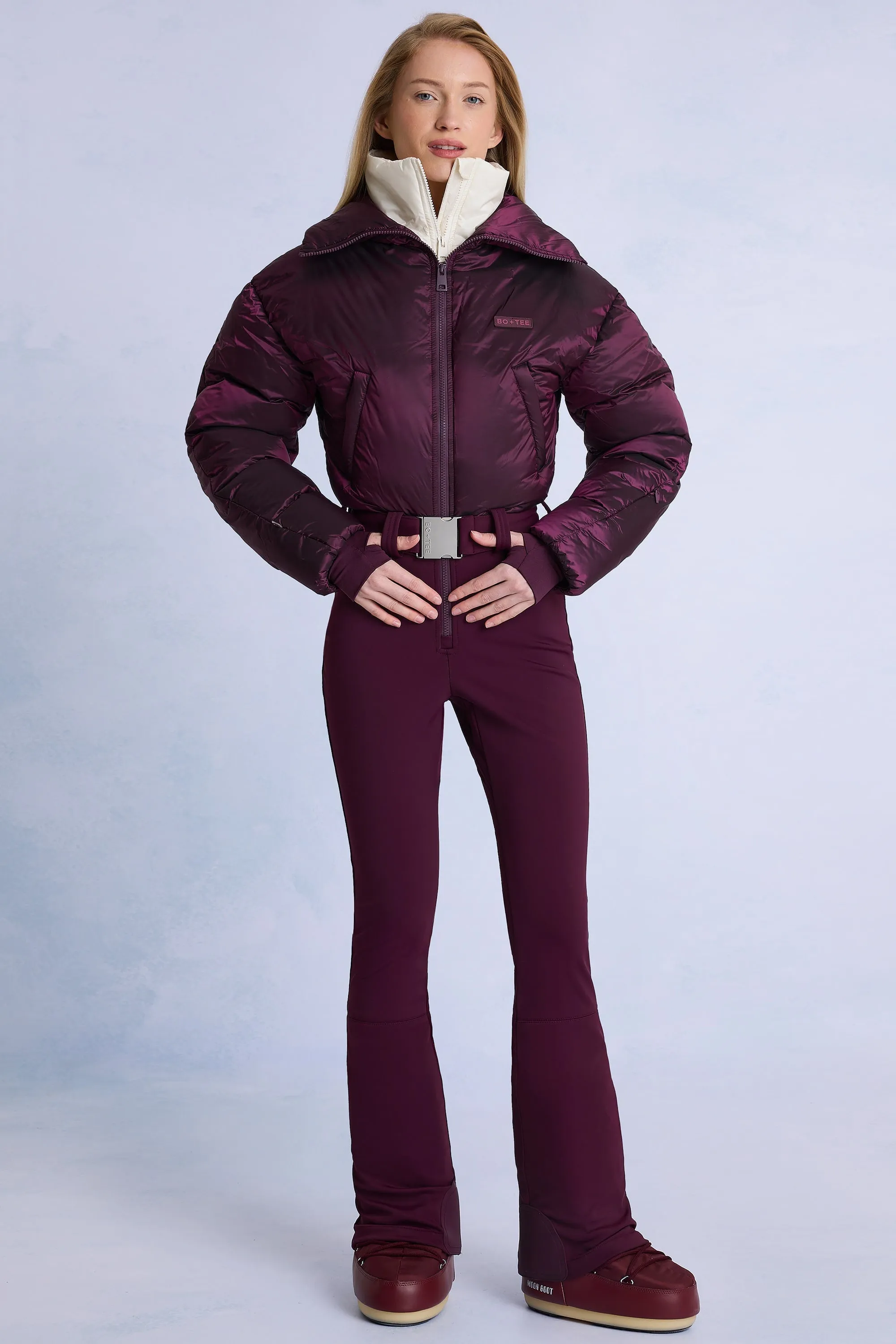 Waterproof Belted Layered Ski Suit in Burgundy sold by Bo + Tee