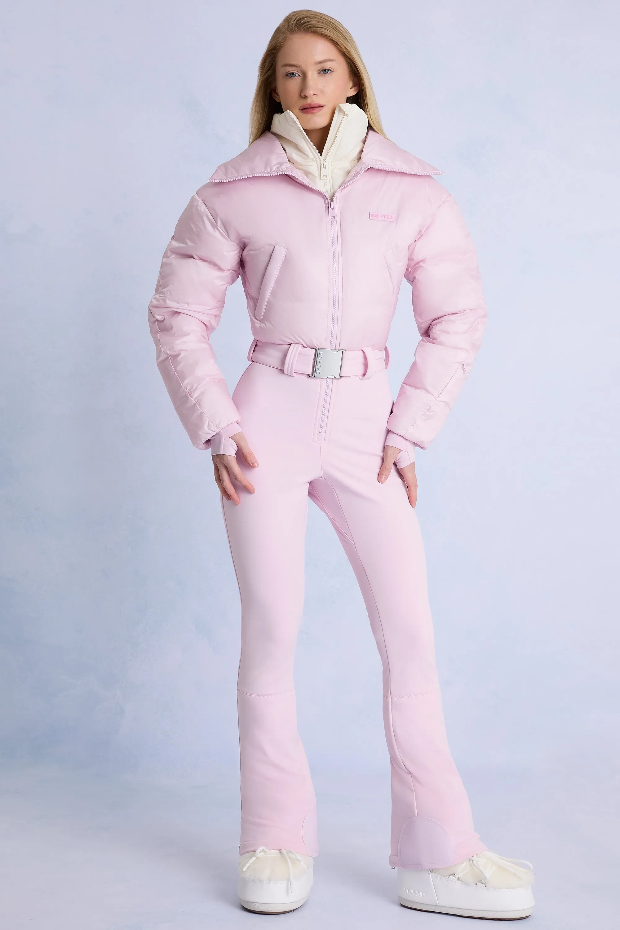 Waterproof Belted Layered Ski Suit in Powder Pink sold by Bo + Tee