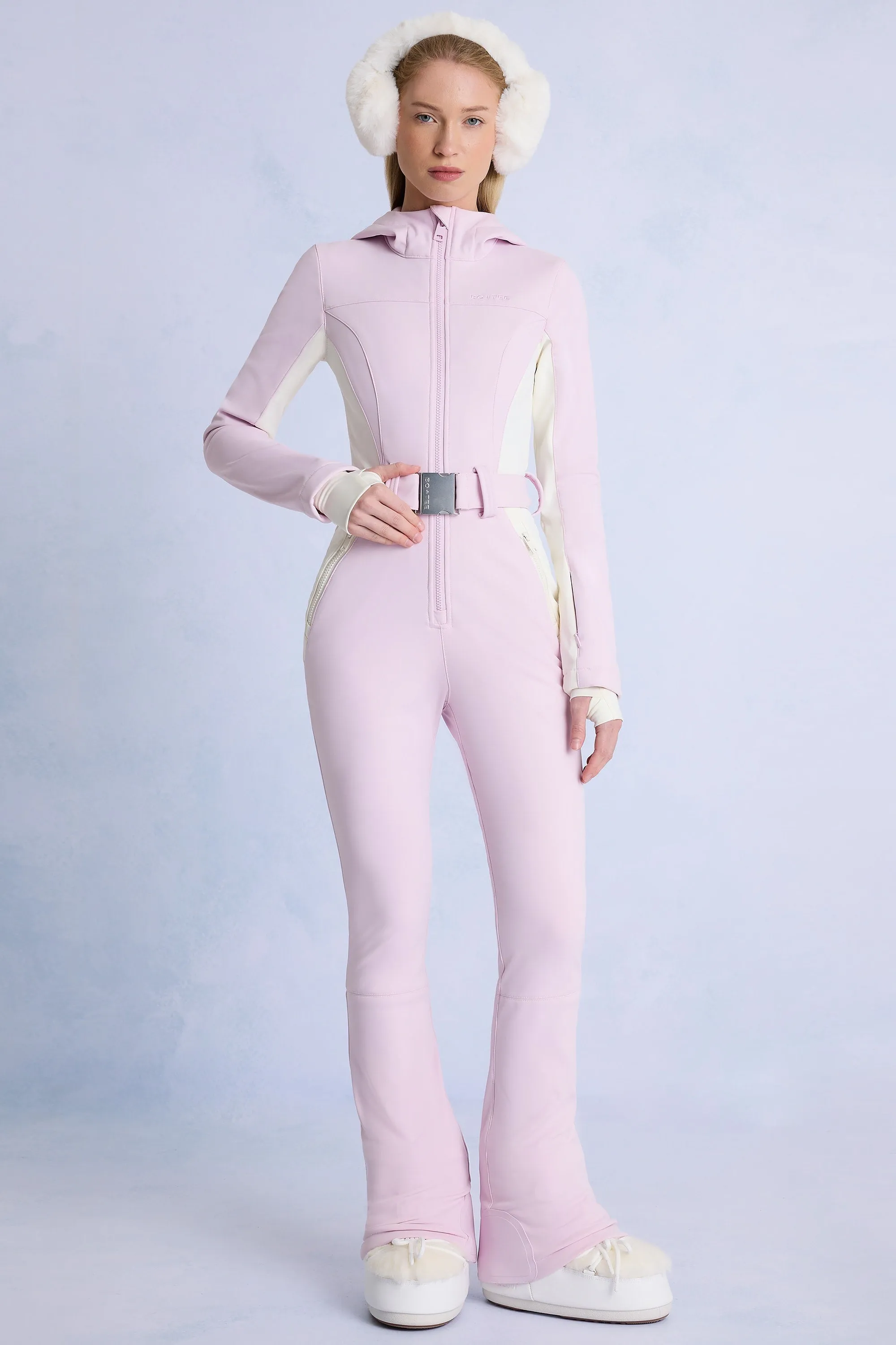 Waterproof Hooded Fitted Ski Suit in Powder Pink sold by Bo + Tee