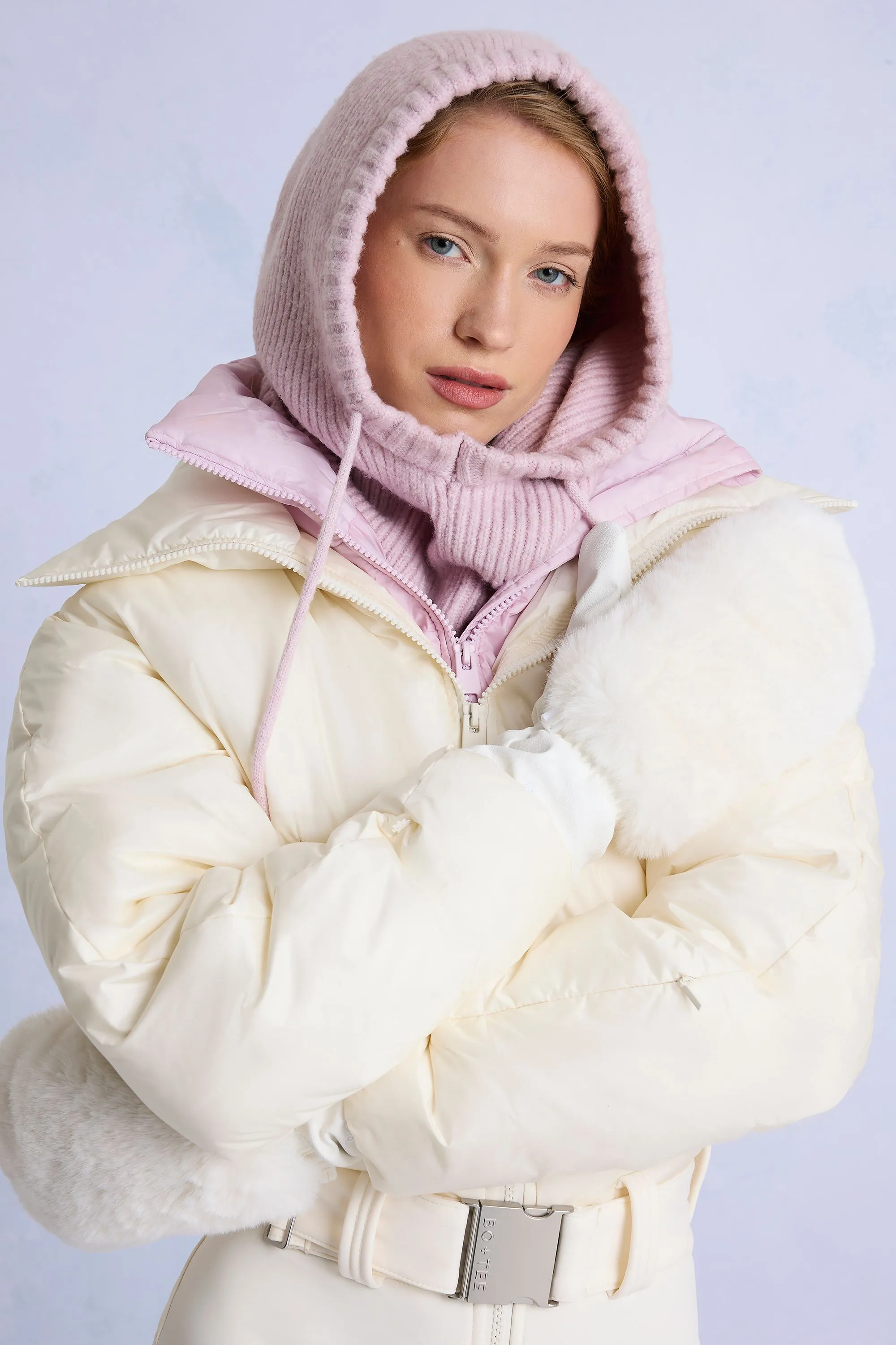 Knit Drawstring Balaclava in Powder Pink sold by Bo + Tee