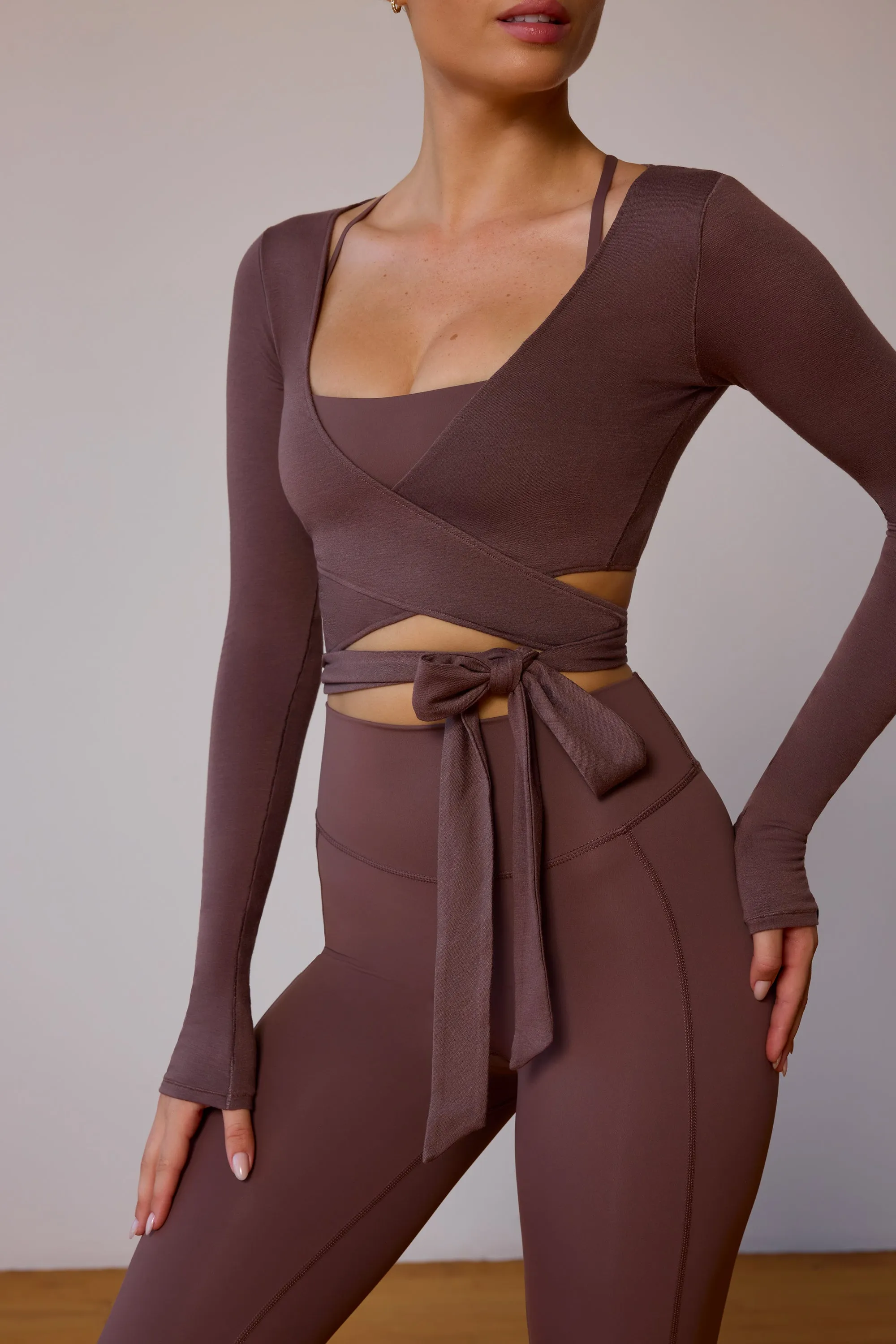 Long-Sleeve Wrap Crop Top in Taupe Brown sold by Bo + Tee product image thumbnail 4