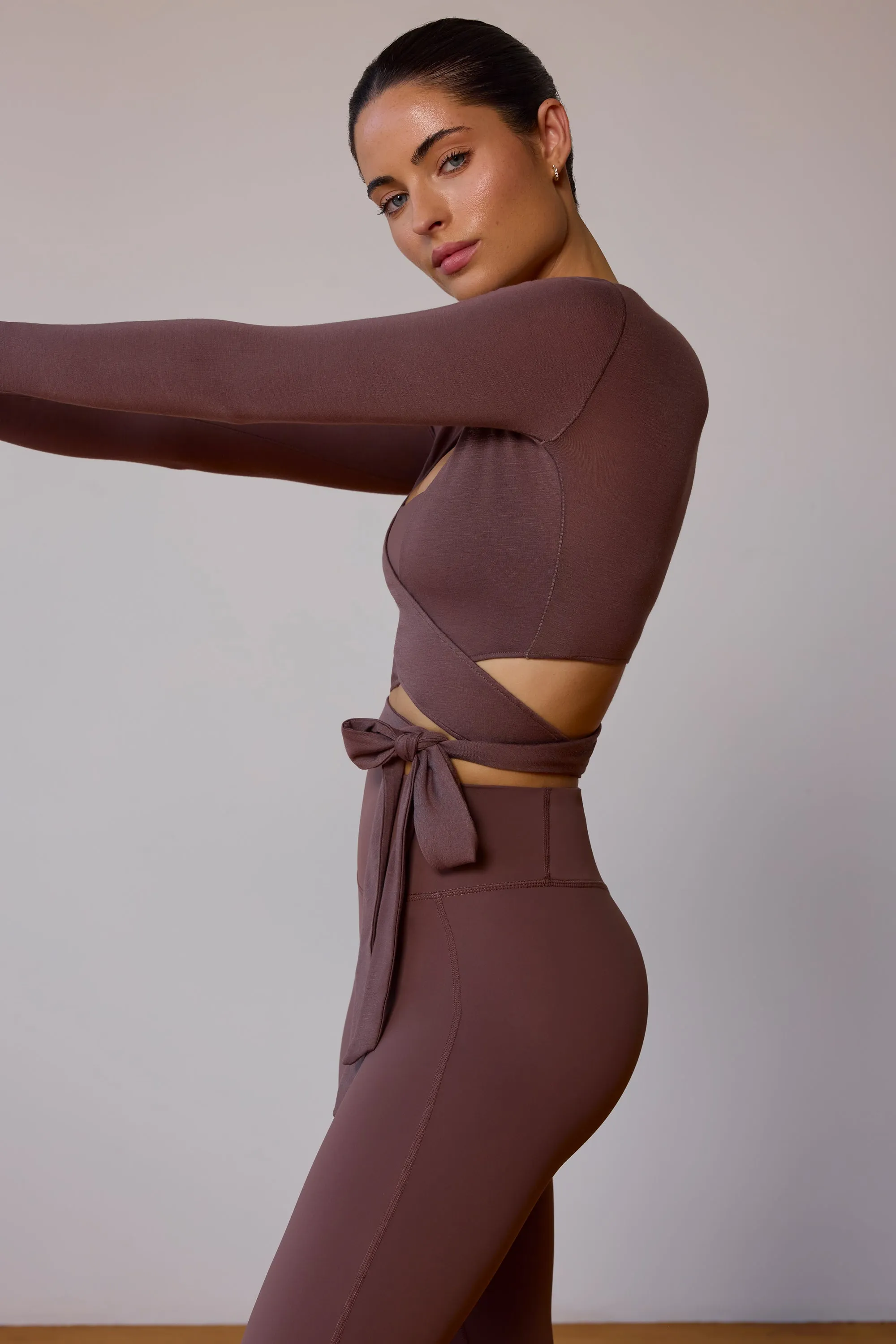 Long-Sleeve Wrap Crop Top in Taupe Brown sold by Bo + Tee product image thumbnail 2
