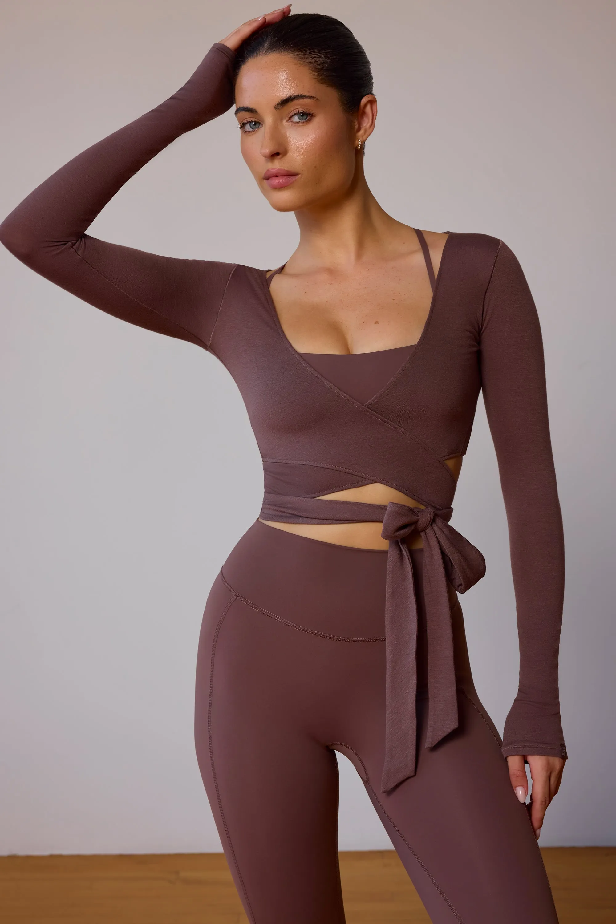 Long-Sleeve Wrap Crop Top in Taupe Brown sold by Bo + Tee product image thumbnail 5